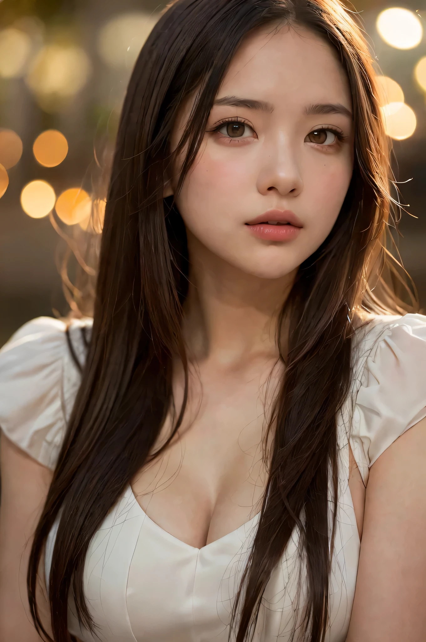 (best quality), (ultra-detailed), (llustration), (detailed light), (an extremely delicate and beautiful), ung girl, long hair, brown hair, brown eyes, model, Enchanting, Sublime, Ethereal, Sorrow, best quality, fantastic, extremely detailed CG unified 8k wallpaper, High-definition raw color photos, professional photograpy, (((Bokeh))), twilight, Golden hour, Backlighting, depth of fields,