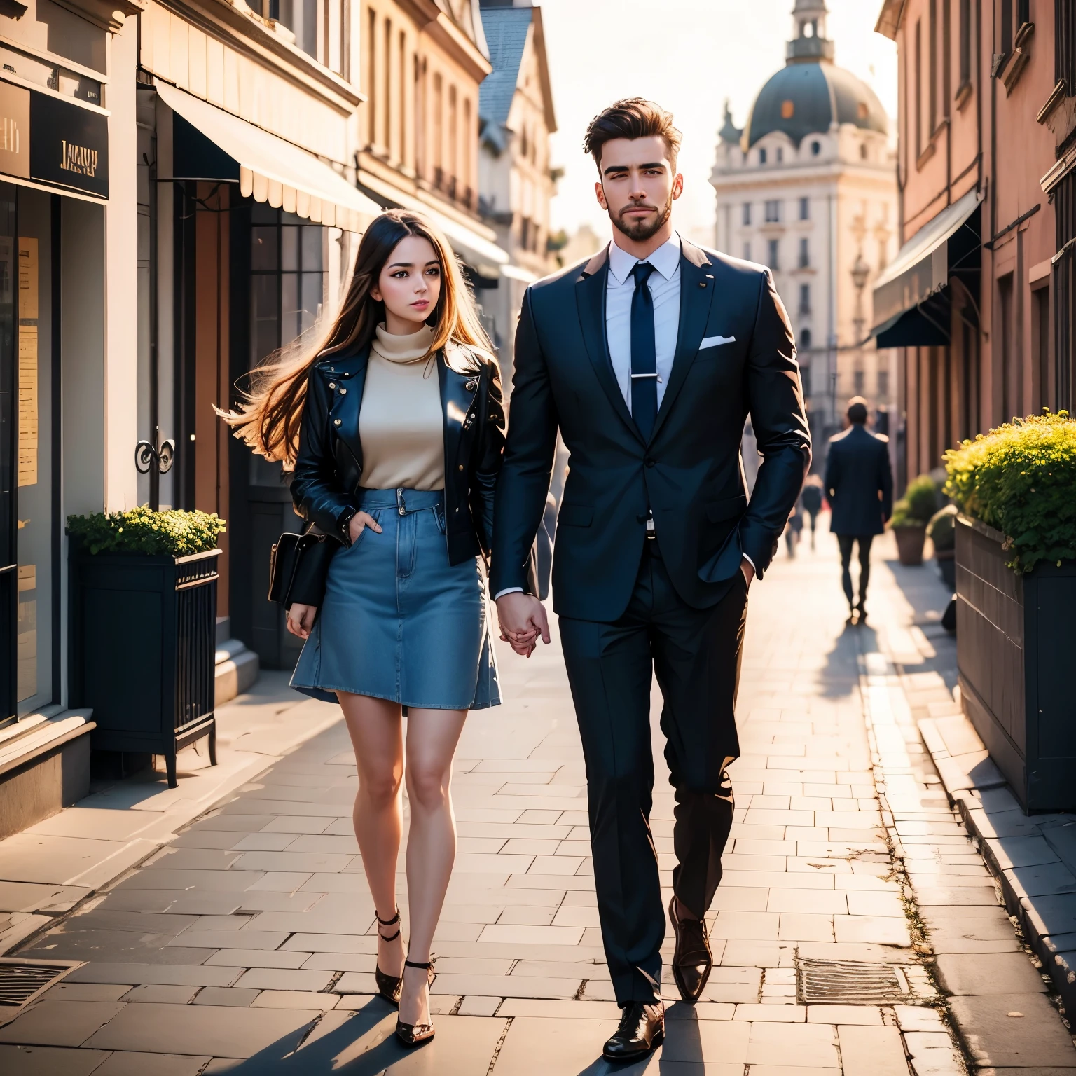 Lovers in big city in Europe, handsome man, beautiful girl, european buildings