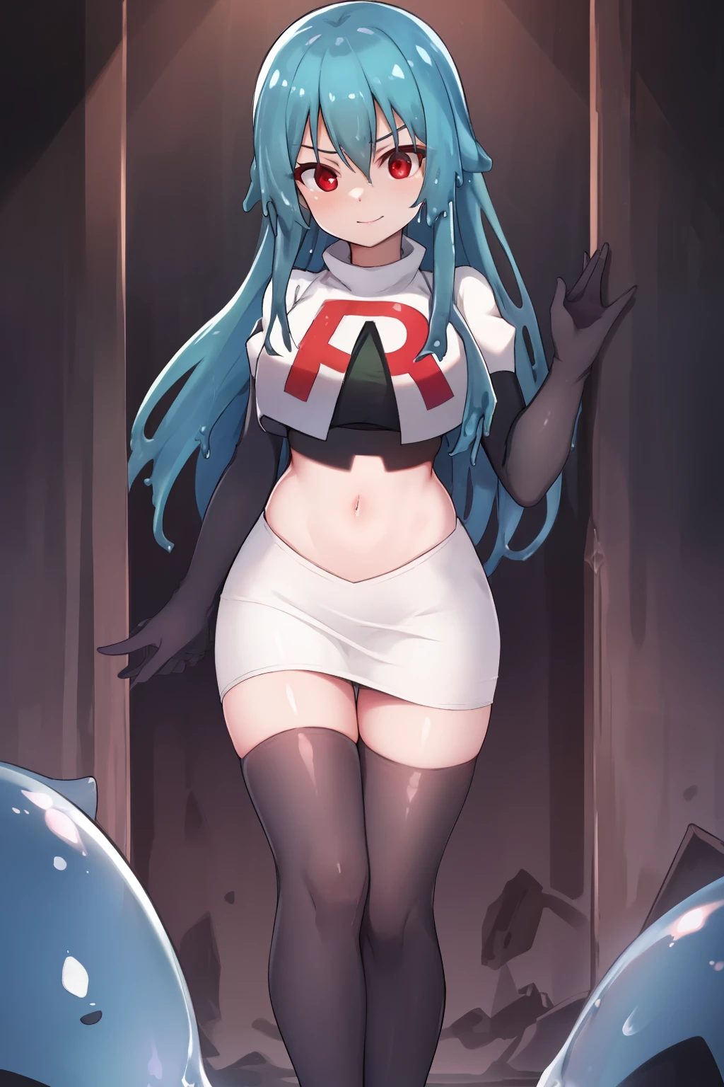 a girl with long hair, looking at camera, slime girl, cinematic lighting, red eyes, seductive look, transparent body, team rocket,team rocket uniform,white skirt,crop top,black thigh-highs,black elbow gloves