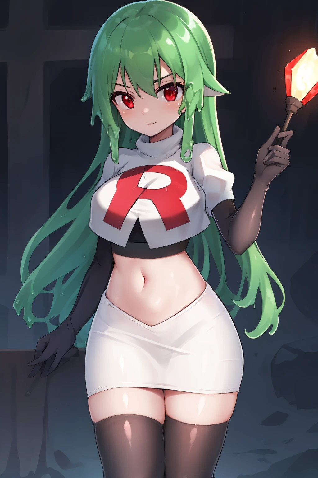 a girl with long hair, looking at camera, slime girl, cinematic lighting, red eyes, seductive look, transparent body, team rocket,team rocket uniform,white skirt,crop top,black thigh-highs,black elbow gloves