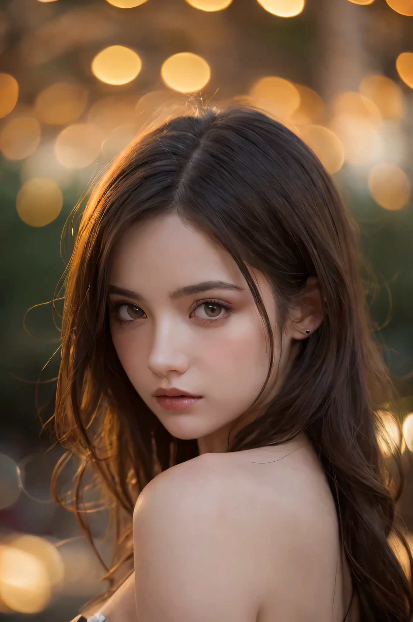 (best quality), (ultra-detailed), (llustration), (detailed light), (an extremely delicate and beautiful), 1young girl, long hair, brown hair, brown eyes, model, Enchanting, Sublime, Ethereal, Sorrow, confusion, best quality, fantastic, extremely detailed CG unified 8k wallpaper, High-definition raw color photos, professional photograpy, (((Bokeh))), twilight, Golden hour, Backlighting, depth of fields,