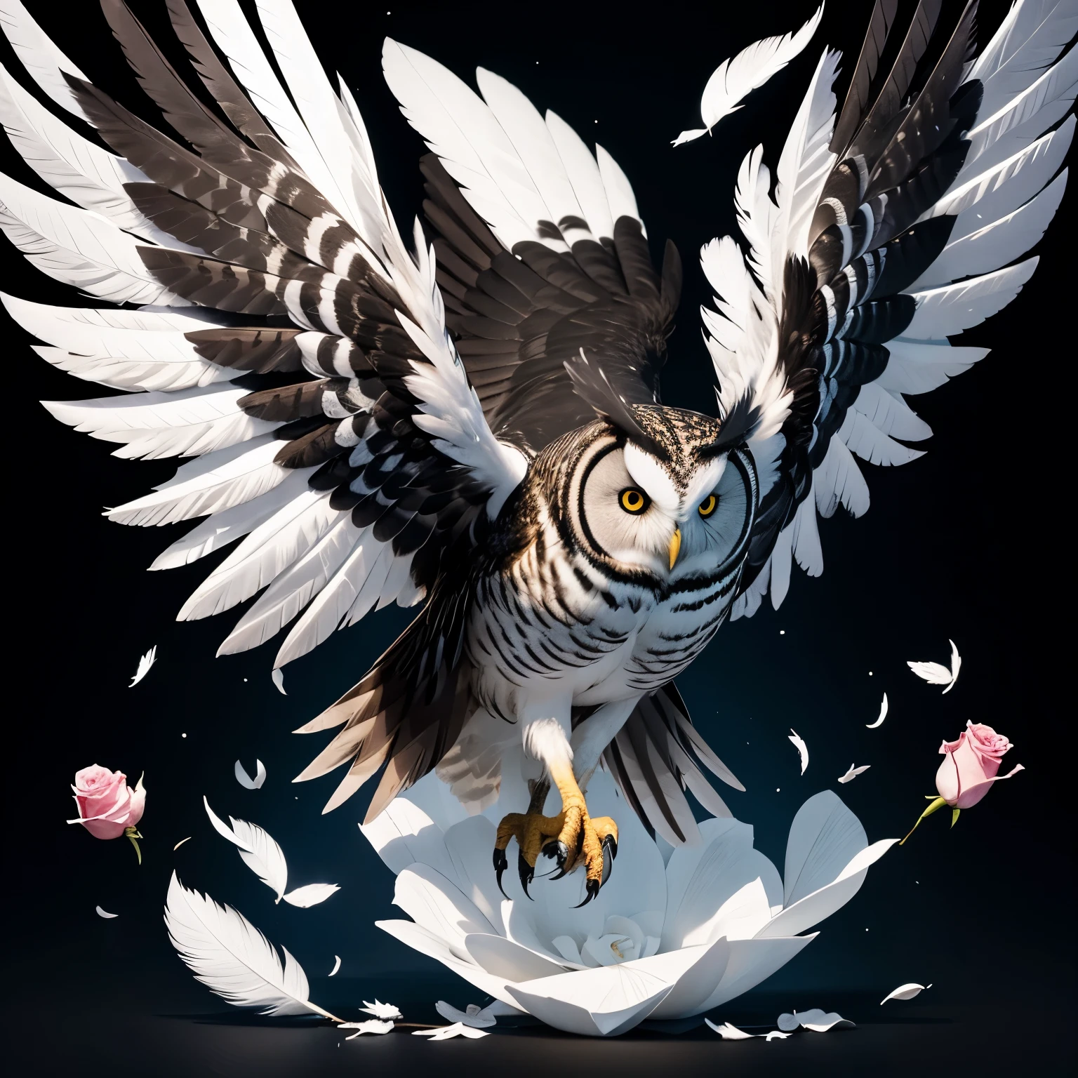 Vector image of an owl with black and white feathers facing forward while spreading its wings and having bright white eyes and holding a rose HD