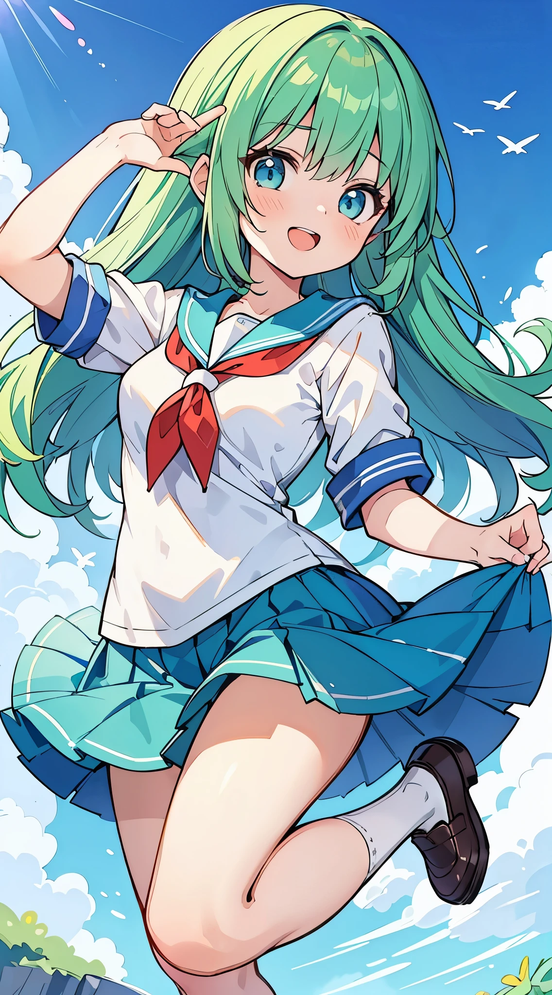 ((A Pretty High School girl with green hair and blue eyes)), ((Jumping in the air)), ((Sailor suit with a ribbon)), Baby face, ((master piece, top-quality, ultra-definition, high resolution)), anime girl, ((ultra-detailed illust:1.2)), only one person, bangs, hair between eye, beautiful hair, Beautiful eyes, Medium breasts, loafers, Big smile, opened mouth, blue sky background