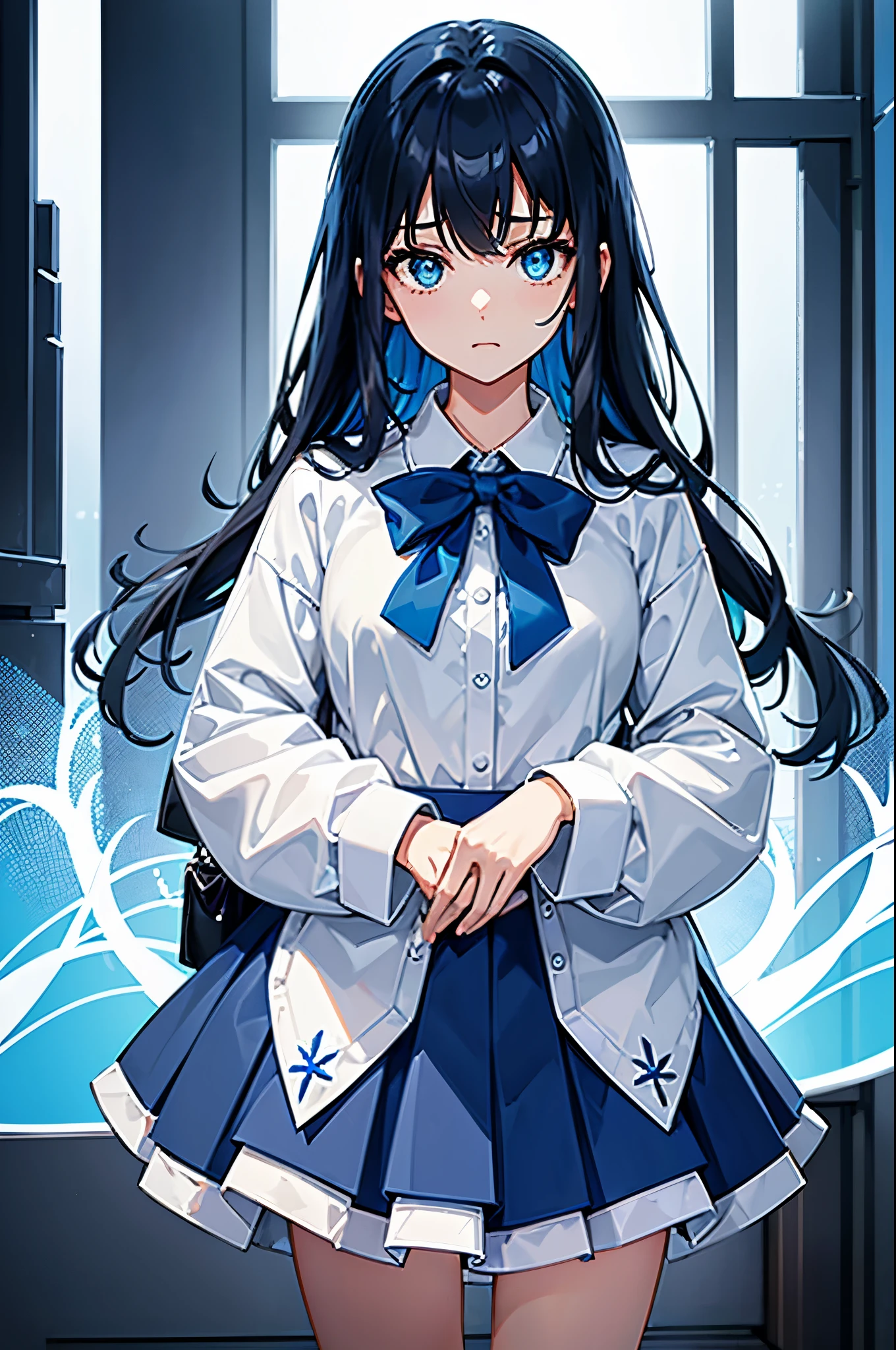 two-dimensional,beautiful girl,individual,wear((Blue and white spelling))clothing,((Blue and white spelling))skirt,((Blue and white spelling))hair,blue pupils,White eyes,A look of disdain,powerful,Beautifully,precise,high resolution,8k、domineering,whole body,standing,Humanity,precise,masterpiece