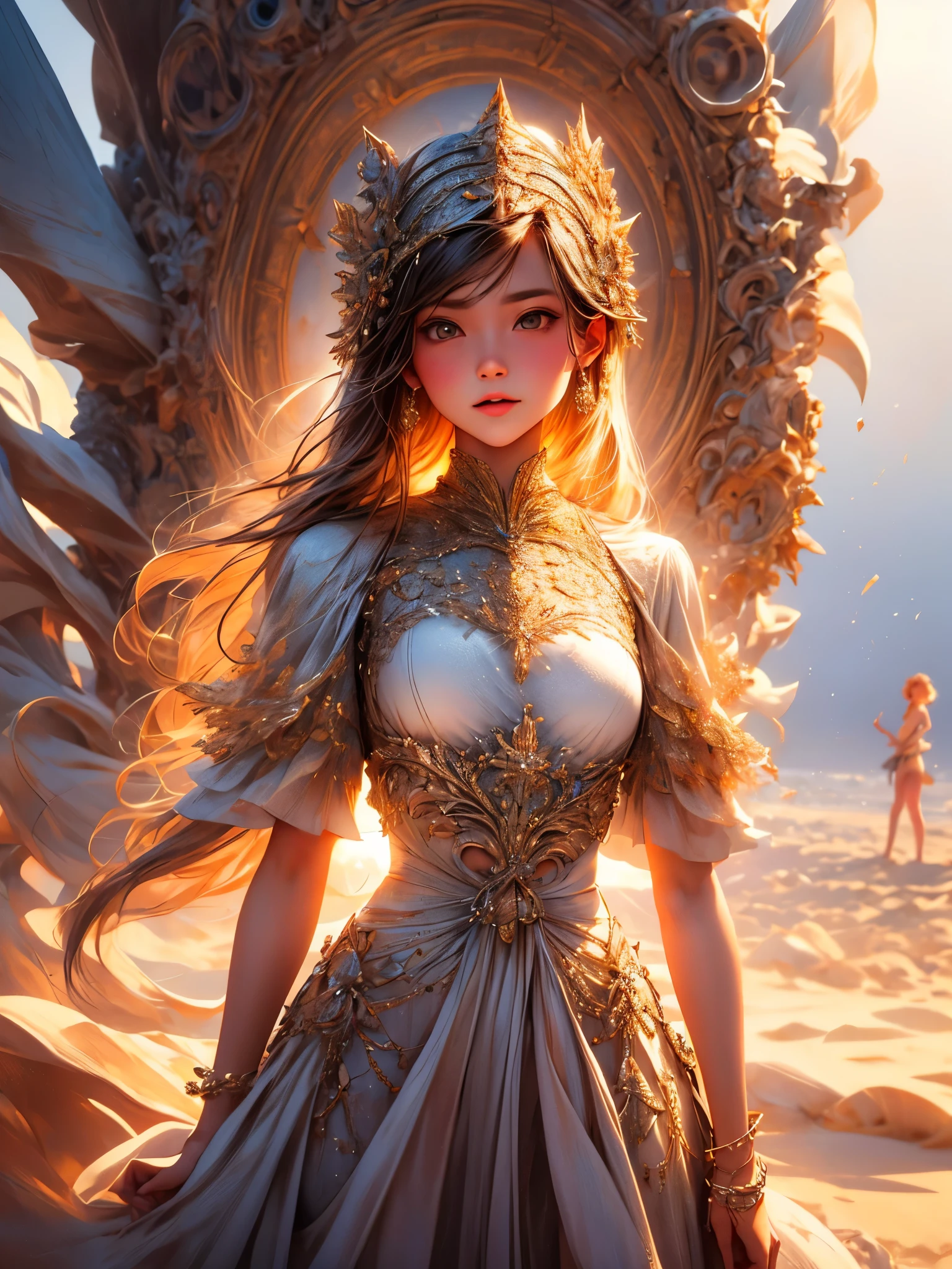 You should imagine a scene with a sand sculpture and a . The main focus of the image is the sand sculpture, which should be detailed and well-crafted. The sculpture should be placed on a beach, with the  standing next to it. The  should be wearing a school uniform and have a happy expression on her face. The viewpoint of the image is from below, with the camera angle looking up at the sculpture and the girl. There should be a splash of water in the foreground, creating a dynamic element in the image. The girl's body should be wet, with water droplets on her skin and clothes. The overall feel of the image should be summery, with bright and vibrant colors. The art style of the image should be inspired by fractal art, with intricate and detailed patterns. The colors of the sand sculpture and the girl's uniform should complement each other. The lighting in the image should be soft and warm, with gentle sunlight casting a glow on the scene. The image should have the best quality, with high resolution and ultra-detailed rendering to capture the intricate details of the sand sculpture and the girl. The final image should be a masterpiece, with a touch of magic and wonder.