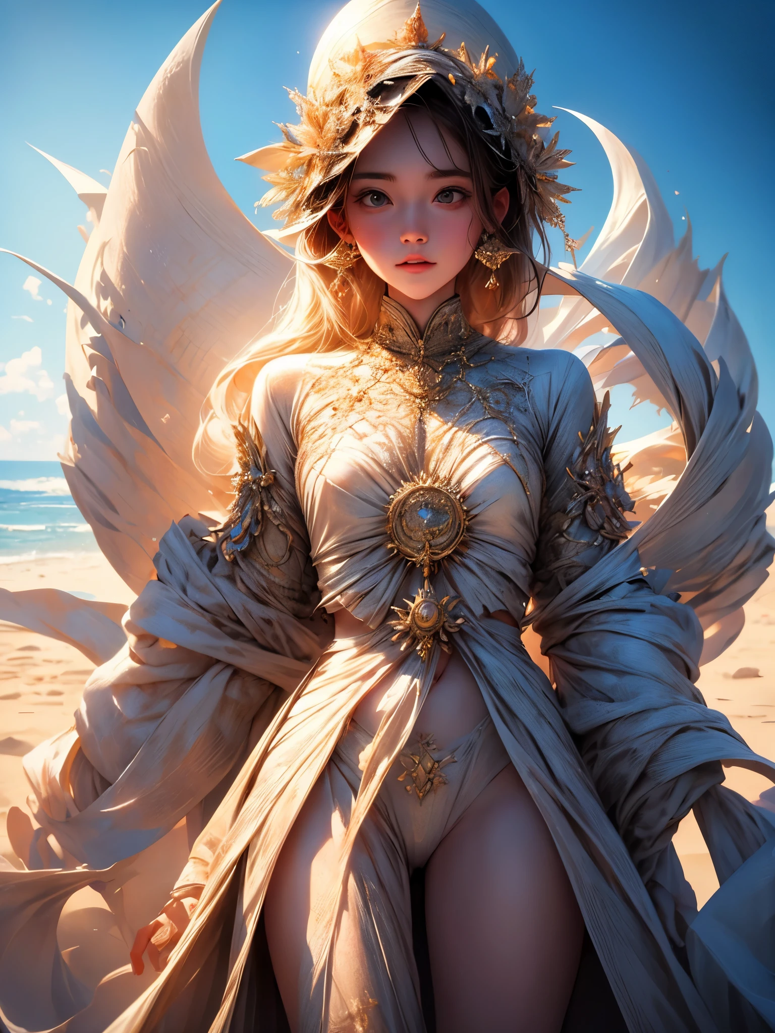 You should imagine a scene with a sand sculpture and a . The main focus of the image is the sand sculpture, which should be detailed and well-crafted. The sculpture should be placed on a beach, with the standing next to it. The should be wearing a school uniform and have a happy expression on her face. The viewpoint of the image is from below, with the camera angle looking up at the sculpture and the girl. There should be a splash of water in the foreground, creating a dynamic element in the image. The girl's body should be wet, with water droplets on her skin and clothes. The overall feel of the image should be summery, with bright and vibrant colors. The art style of the image should be inspired by fractal art, with intricate and detailed patterns. The colors of the sand sculpture and the girl's uniform should complement each other. The lighting in the image should be soft and warm, with gentle sunlight casting a glow on the scene. The image should have the best quality, with high resolution and ultra-detailed rendering to capture the intricate details of the sand sculpture and the girl. The final image should be a masterpiece, with a touch of magic and wonder.