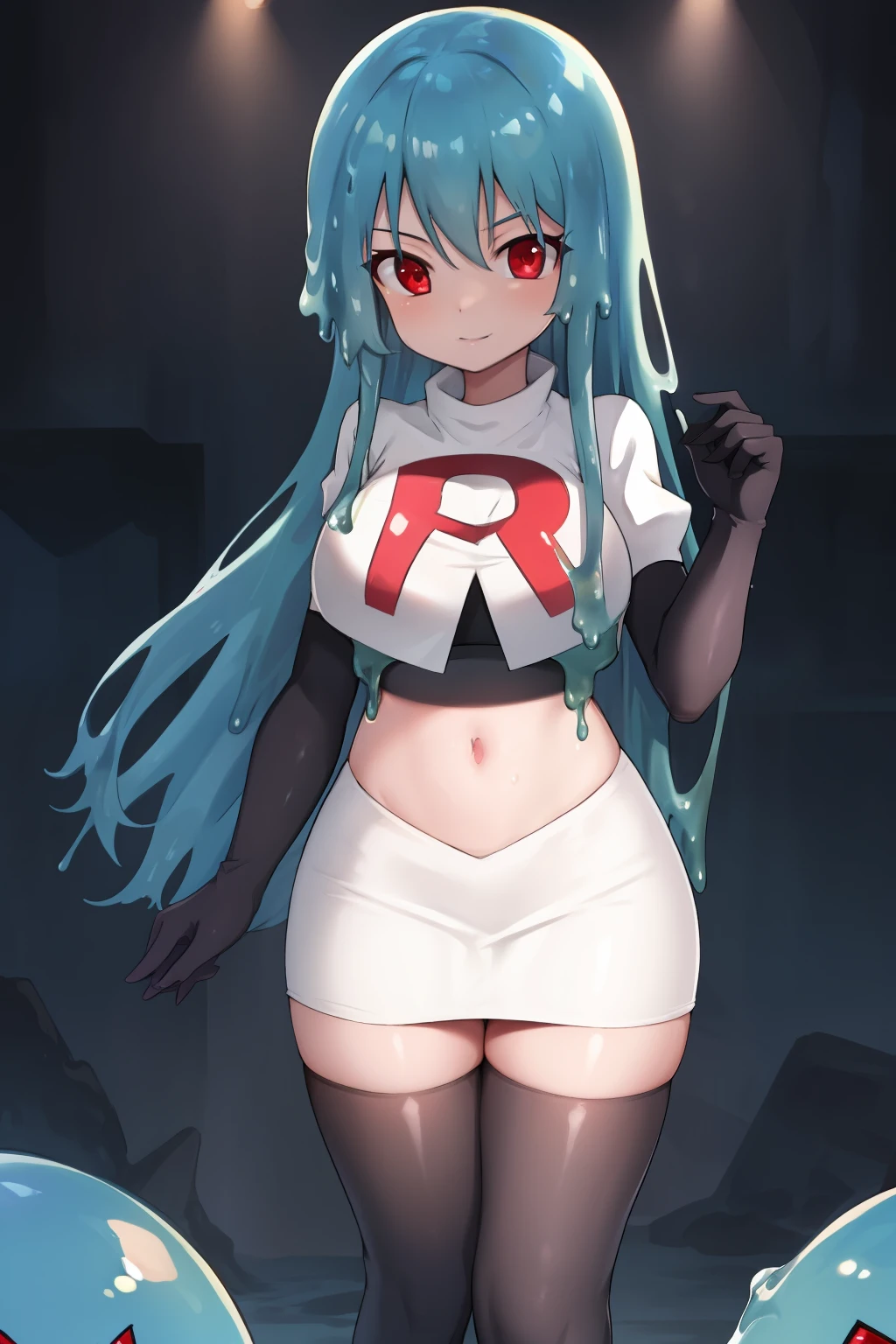 a girl with long hair, looking at camera, slime girl, cinematic lighting, red eyes, seductive look, transparent body, team rocket,team rocket uniform,white skirt,crop top,black thigh-highs,black elbow gloves