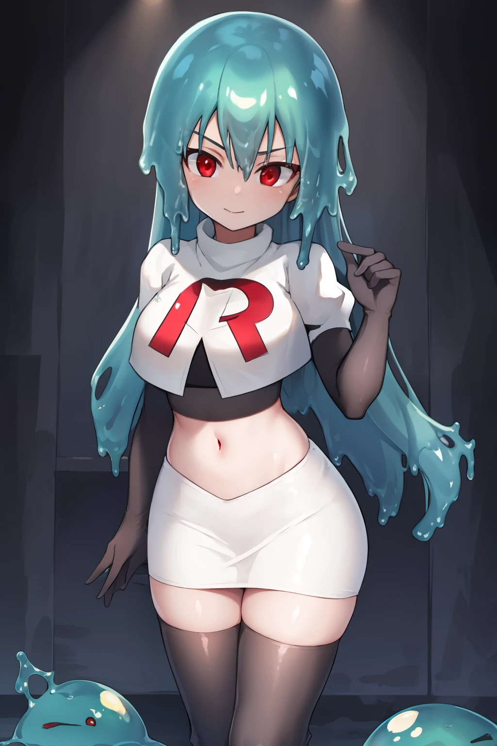 a girl with long hair, looking at camera, slime girl, cinematic lighting, red eyes, seductive look, transparent body, team rocket,team rocket uniform,white skirt,crop top,black thigh-highs,black elbow gloves