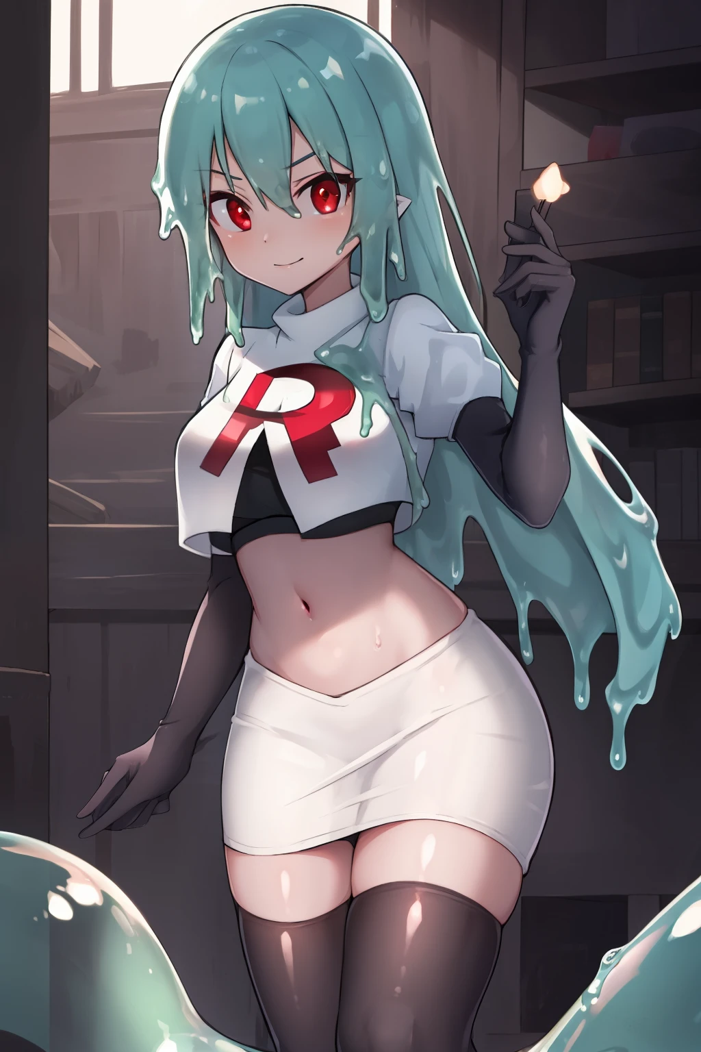 a girl with long hair, looking at camera, slime girl, cinematic lighting, red eyes, seductive look, transparent body, team rocket,team rocket uniform,white skirt,crop top,black thigh-highs,black elbow gloves