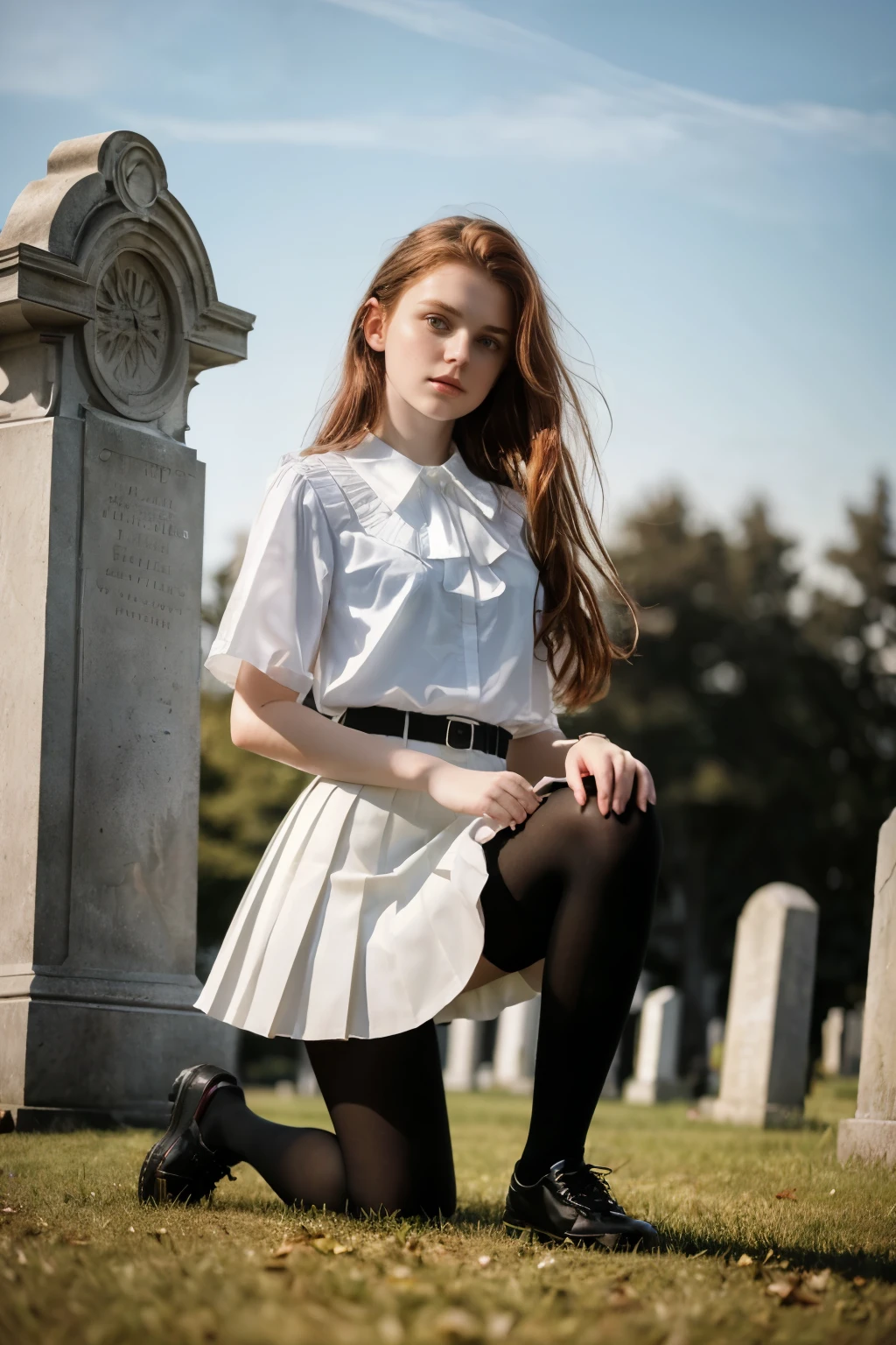 masterpiece, best quality, hyperrealistic, cinematic photo, 12 year old girl, pale skin, irish amazing slim body, White blouse, black pleated skirt, white knee-high socks, school black shoes, long auburn hair, large legs, perfect hands, beautiful face, perfect face, youthful, (blured background), modern style, from below, (low-angle shoot), kneeling, towering, underskirt shoot, (view viewer), looking at viewer,(8k, epic composition, photorealistic, sharp focus), sophisticated background, cemetery background, DSLR, foil grain, backlight