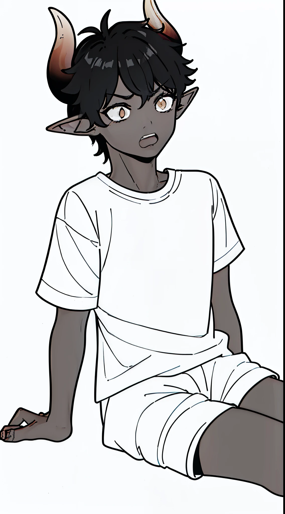 (((1boy,8 years,solo))),((dark skin)),((white shirt,short sleeves,black shorts,black hair,elf ears,(horns),cowboy shot,(white background,line drawing),sitting,constricted pupils,small pupile,scared,open mouth,form front,(fear)