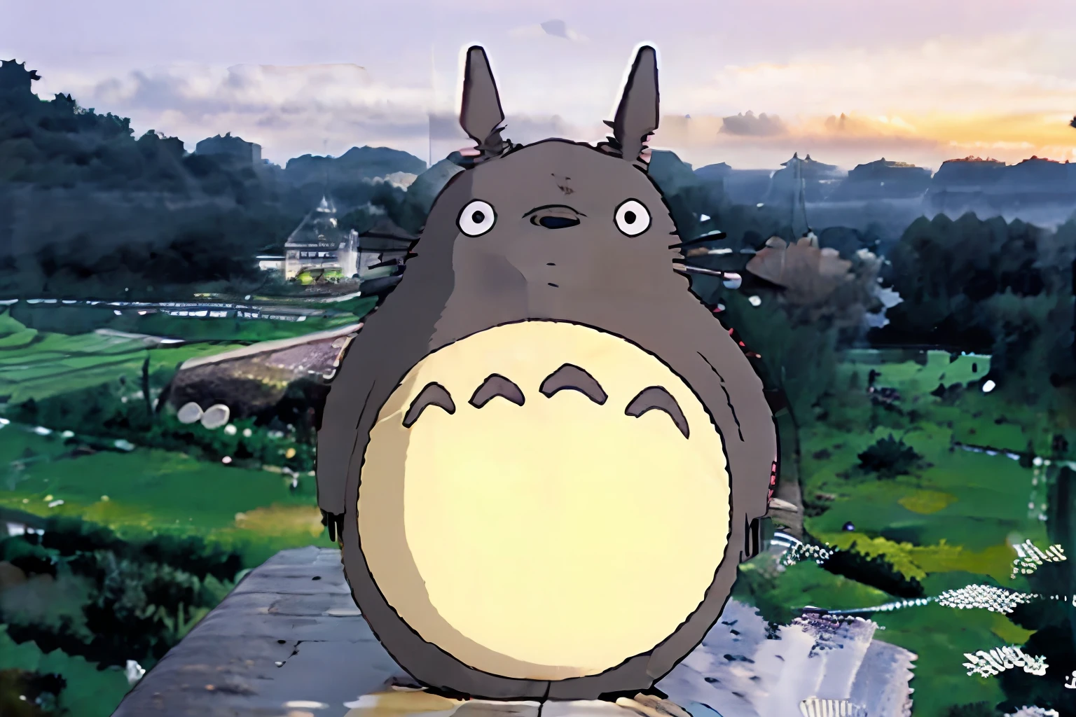 Totoro is standing with nice village behind in a beautiful sunset