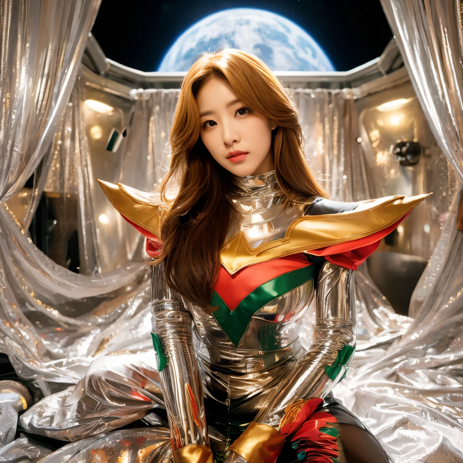 best image quality、Super high resolution、(realism:1.4)、Korean beauty star、The most beautiful KPOP star、face、Horny Korean makeup、erotic expression、A body that makes you want to touch it、Erotic photos、Realistic satin fabric texture、Costume made of stretch satin fabric that is smooth to the touch、The drape of the curved part of the satin fabric、Strong luster of costume、costume quality、8K photo quality、Costume made of high-quality satin fabric with high density、Super-class battle leather cloak with a smooth texture、Super Sentai Women's Heroine Suit、Super-class battleship shiny costumes、Texture of costumes that satin fetishists respond to、Thin, glossy stretch satin fabric、