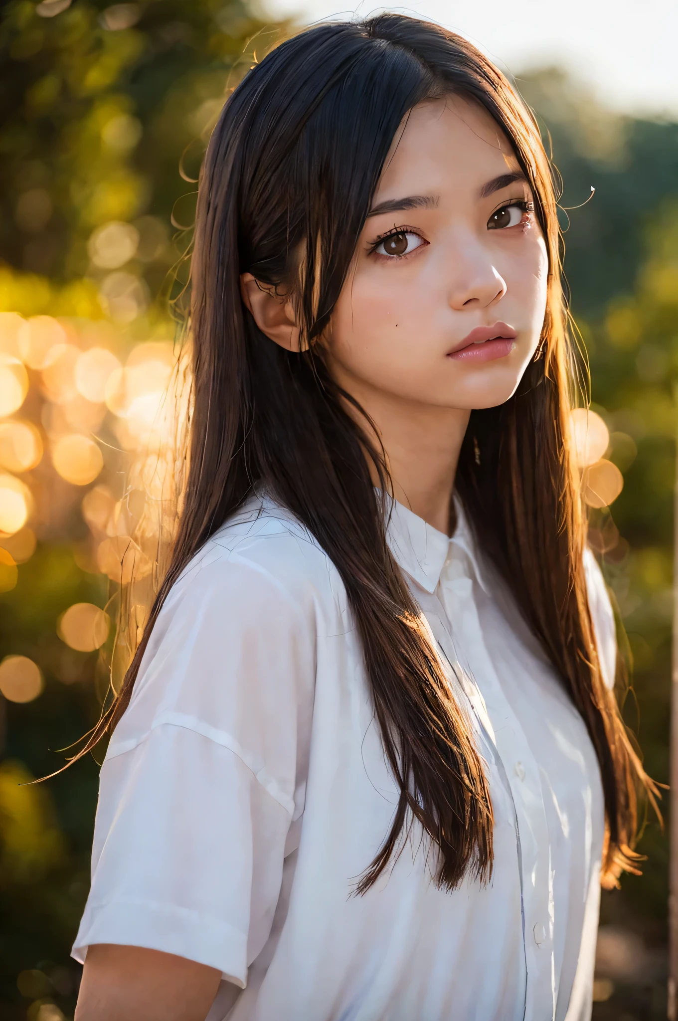(best quality), (ultra-detailed), (llustration), (detailed light), (an extremely delicate and beautiful), 1young girl, long hair, brown hair, brown eyes, model, Enchanting, Sublime, Ethereal, Sorrow, confusion, best quality, fantastic, extremely detailed CG unified 8k wallpaper, High-definition raw color photos, professional photograpy, (((Bokeh))), twilight, Golden hour, Backlighting, depth of fields,