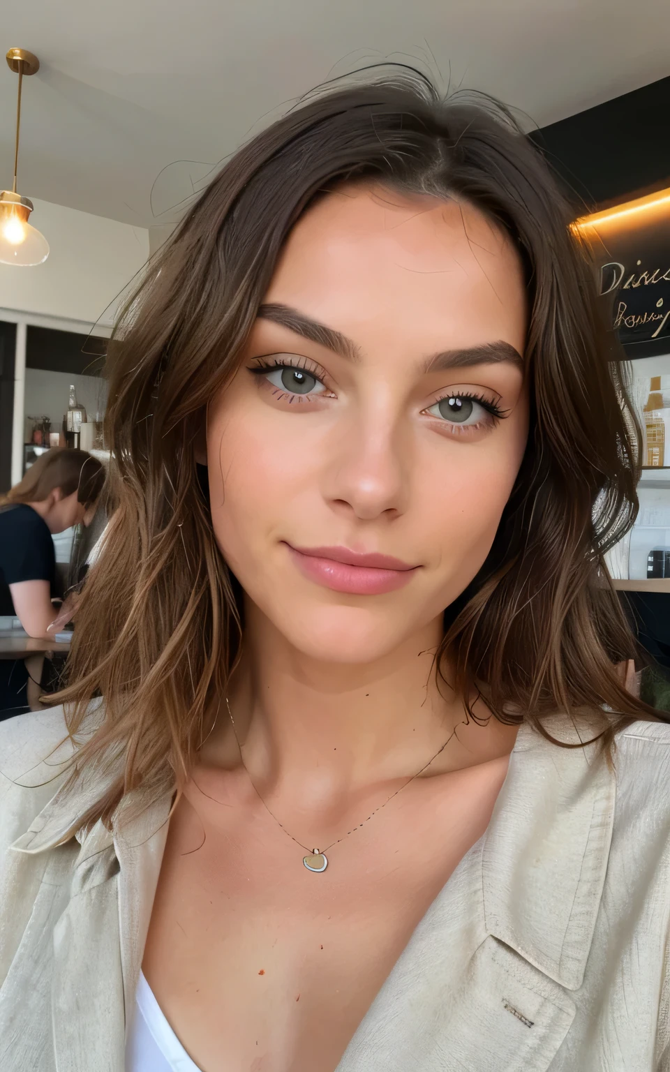 Belle brune aux reflets blonds portant un pull beige (dans un café à boire du soda), Très détaillé, 22 ans, visage innocent, cheveux ondulés naturels, yeux bleus, haute résolution, chef-d'ouvrages d'art, meilleure qualité, détails complexes, Très détaillé, mise au point nette, peau détaillée, réaliste skin texture, texture, Yeux détaillés, professionnel, 4k, sourire charmant, filmé sur Canon, 85 millimètres, faible profondeur de champ, Couleur Kodak Vision, Corps parfaitement ajusté, extrêmement détaillé, photographier_\(Ultra\), photoréaliste, réaliste, Post-traitement, détails maximum, rugosité, vrai vie, ultra réaliste, Photoréalisme, photographie, 8k euh, photographie