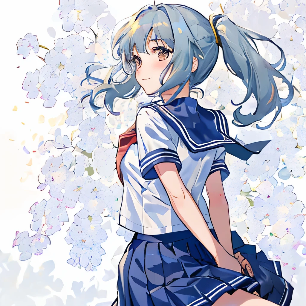 blurred background,schoolyard, School,the wind is blowing,high quality background,blurred background,schoolyard, School,the wind is blowing,high quality background,masterpiece, highest quality,shape,sailor suit,slanted eyes,straight hair,blue hair,side part,super dense skin,beautiful and detailed eyes,short sleeve shirt,light brown eyes,(medium breasts:1.1), (A raised and well-defined bust:1.1), (lifted chest:1.2), (perky chest :1.1),high School girl,Please sit down,high socks,loafers,smile,School,long skirt,ponytail