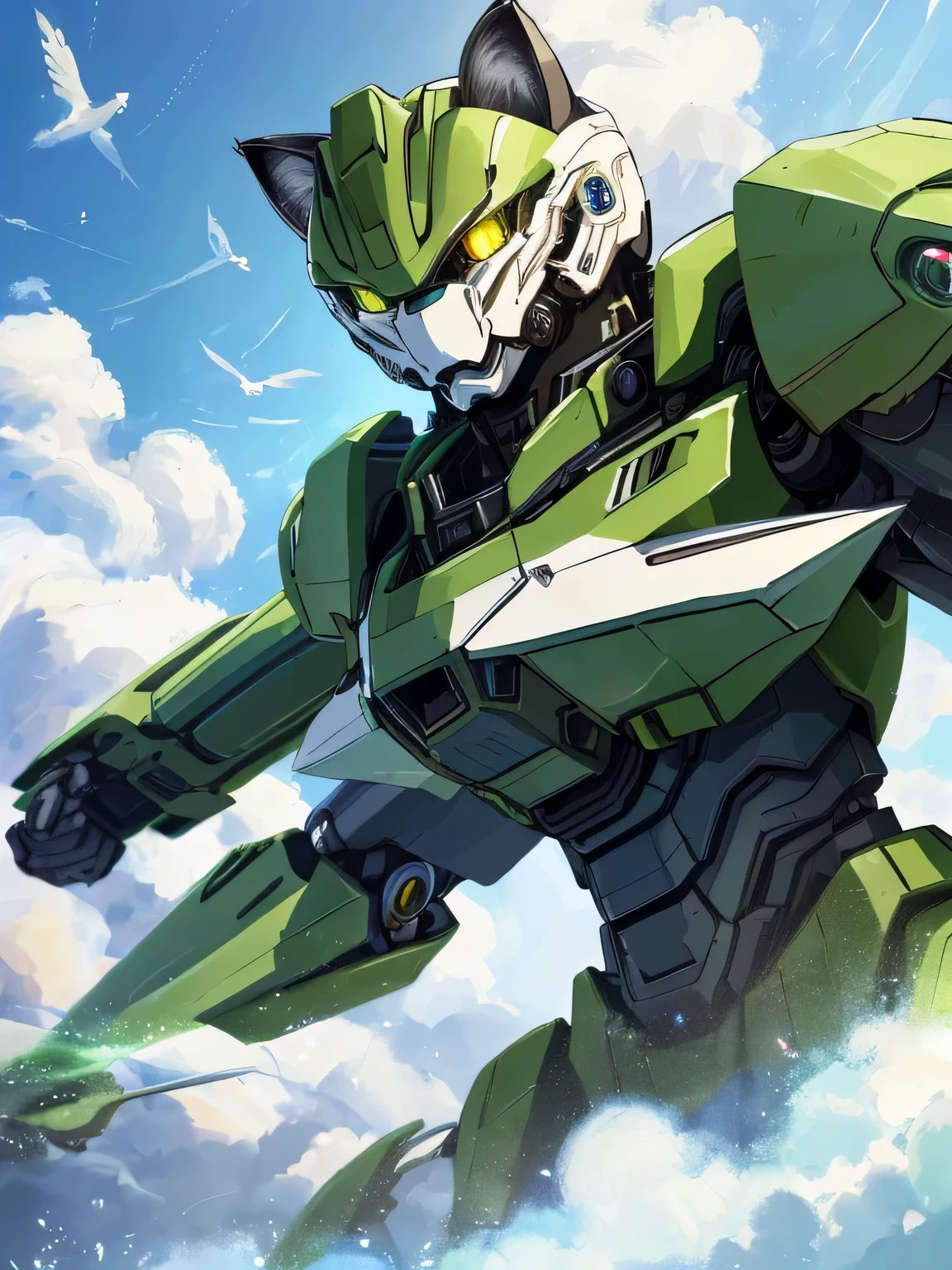 Unorganized solutions, High resolution, (masterpiece: 1.3), hyper detail, Mecha, ((cat design)),Green Armor, floating in the sky (1.8) Against the background of blue sky and white clouds