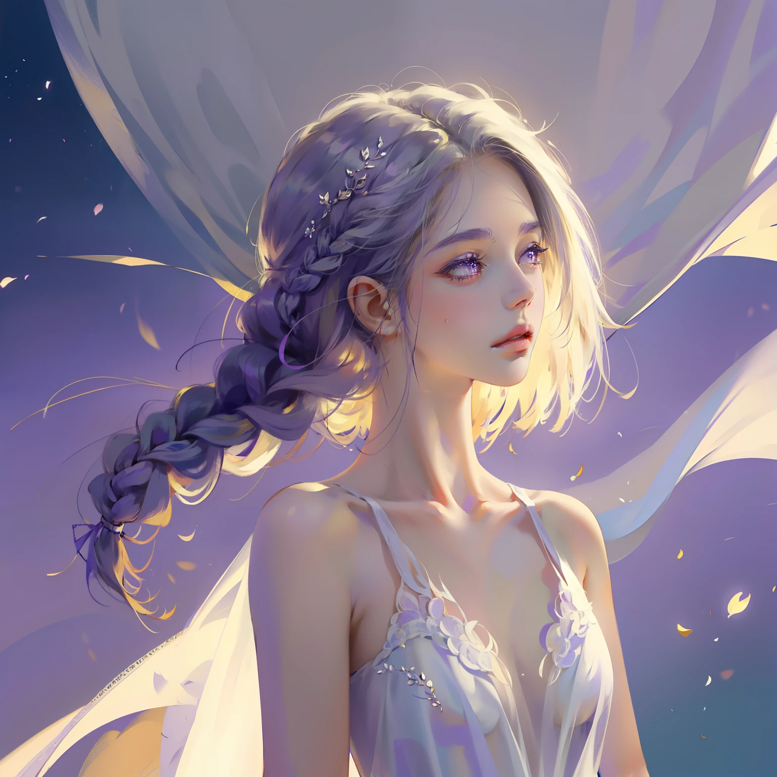 1 girl,high resolution, high quality, masterpiece, mxmkWhiteDress, bare shoulders, purple eyes, white dress, braid