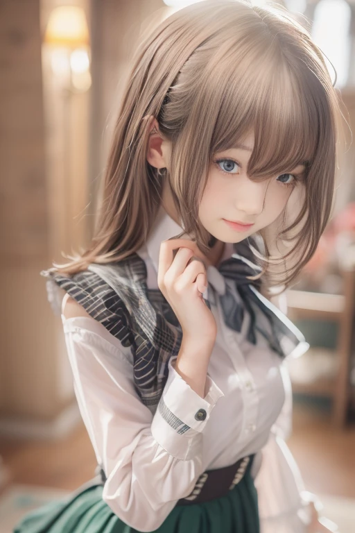 masterpiece , top quality , very detailed , 1 person, ((contrasting eyes)) , standing , blouse, skirt , bangs , room , indoor