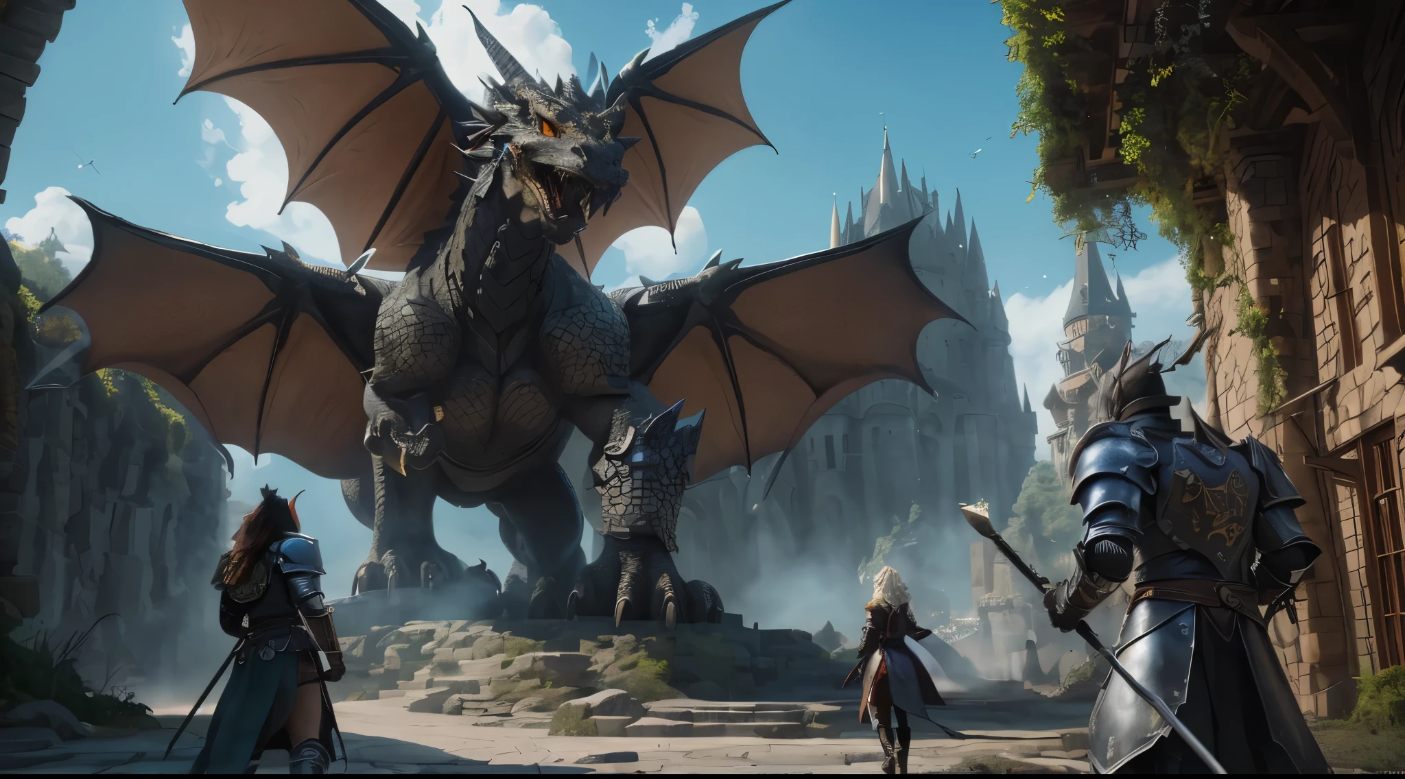 (8k, ARTISTIC photography, best quality, masterpiece: 1.2) ((best quality)), Nijistyle, medium shot, dragon with fire coming out of mouth, towers over castle, the art and science of designing built environments, serves as a powerful predictor of health within isekai society. Its influence extends beyond aesthetics and functionality, surrounded by village, shaping various aspects of our lives, planets visible in the atmosphere, including economic stability, dragons flying around, define this idea with imagery. do not show text. create an appealing image typical of those shown on the front page of a world renowned magazine., each with unique architecture and culture, beauty light, Glitchart, 64K, high detail