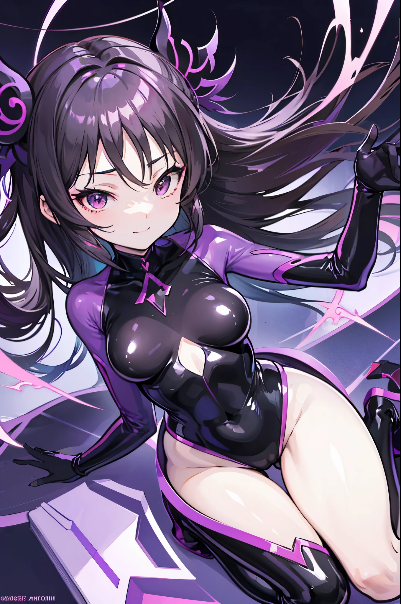Carefully draw the face High-quality faces in anime style super shiny skin Obscene lines black and purple full body suit succubus lure smile back view