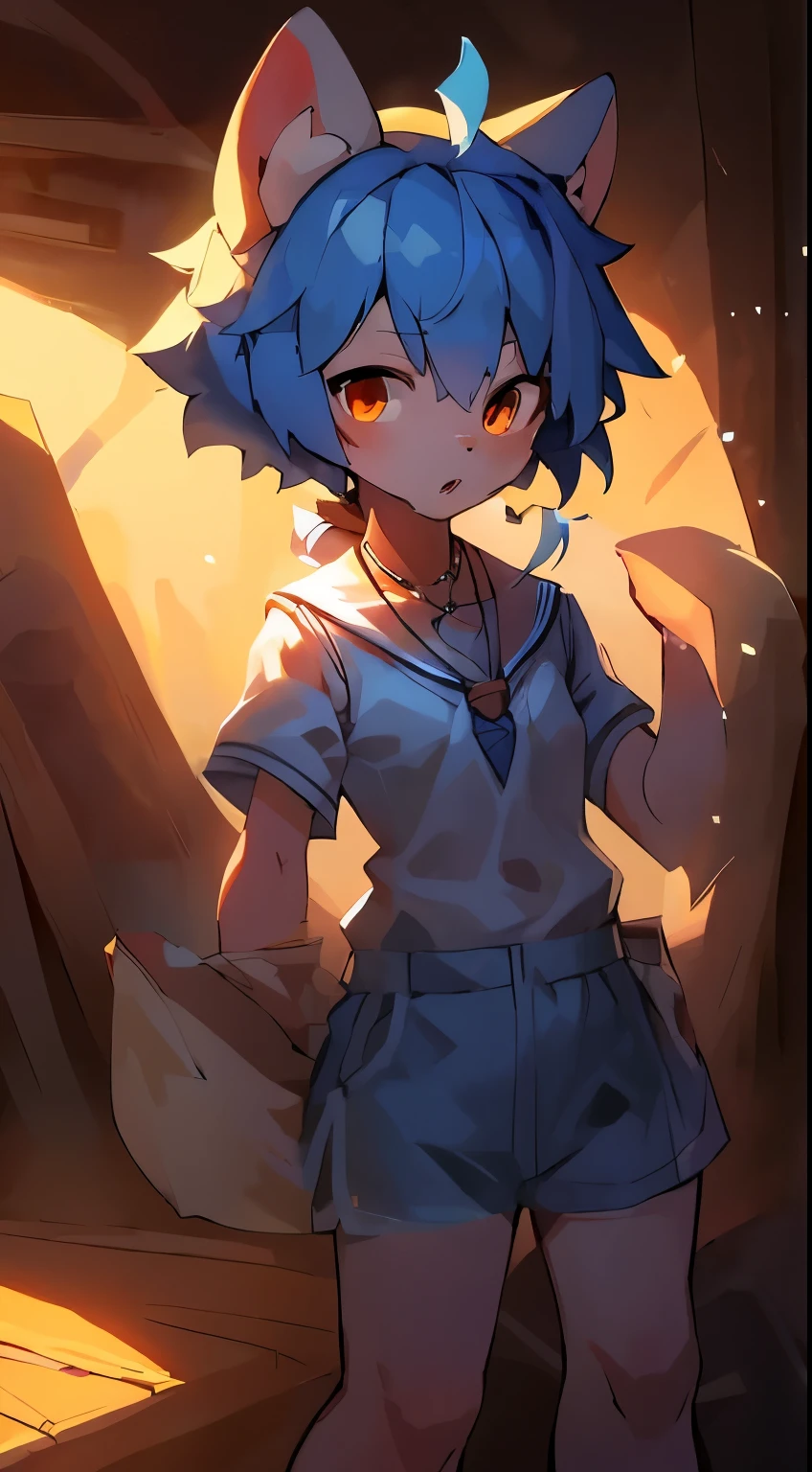 short sleeve sailor suit，shorts，necklace，ponytail，anatomical body structure