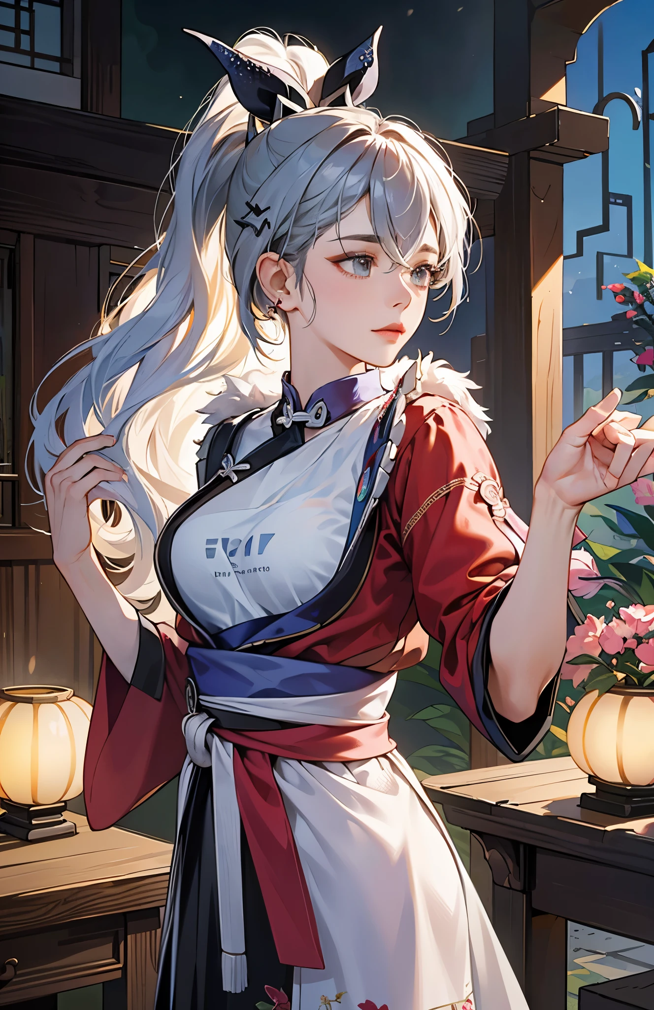 Anime girl with long white hair and a red dress holding a flower ...