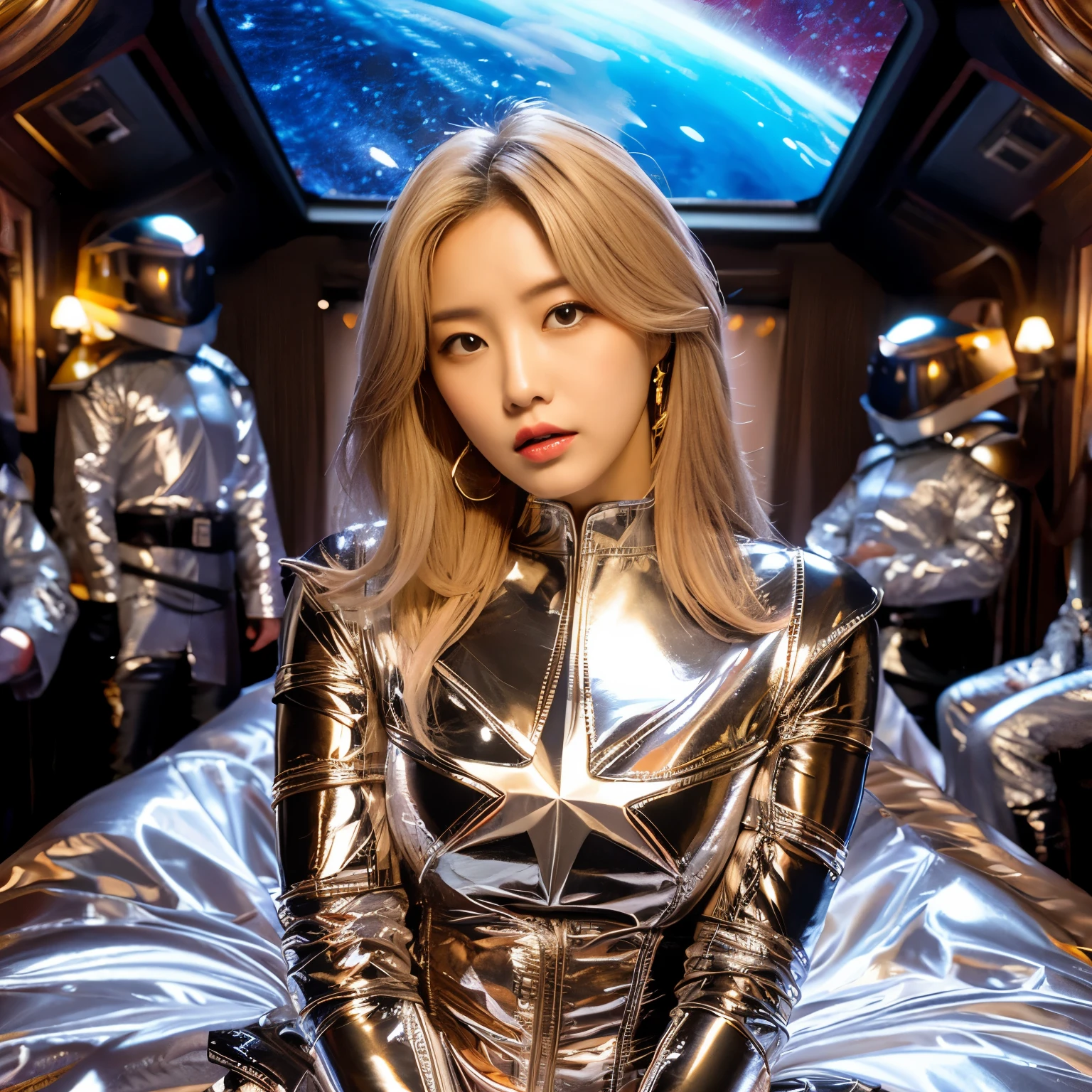 best image quality、Super high resolution、(realism:1.4)、Korean beauty star、The most beautiful KPOP star、face、Horny Korean makeup、erotic expression、A body that makes you want to touch it、Erotic photos、Realistic satin fabric texture、Costume made of stretch satin fabric that is smooth to the touch、The drape of the curved part of the satin fabric、Strong luster of costume、costume quality、8K photo quality、Costume made of high-quality satin fabric with high density、Super-class battle leather cloak with a smooth texture、Super Sentai Women's Heroine Suit、Super-class battleship shiny costumes、Texture of costumes that satin fetishists respond to、Thin, glossy stretch satin fabric、