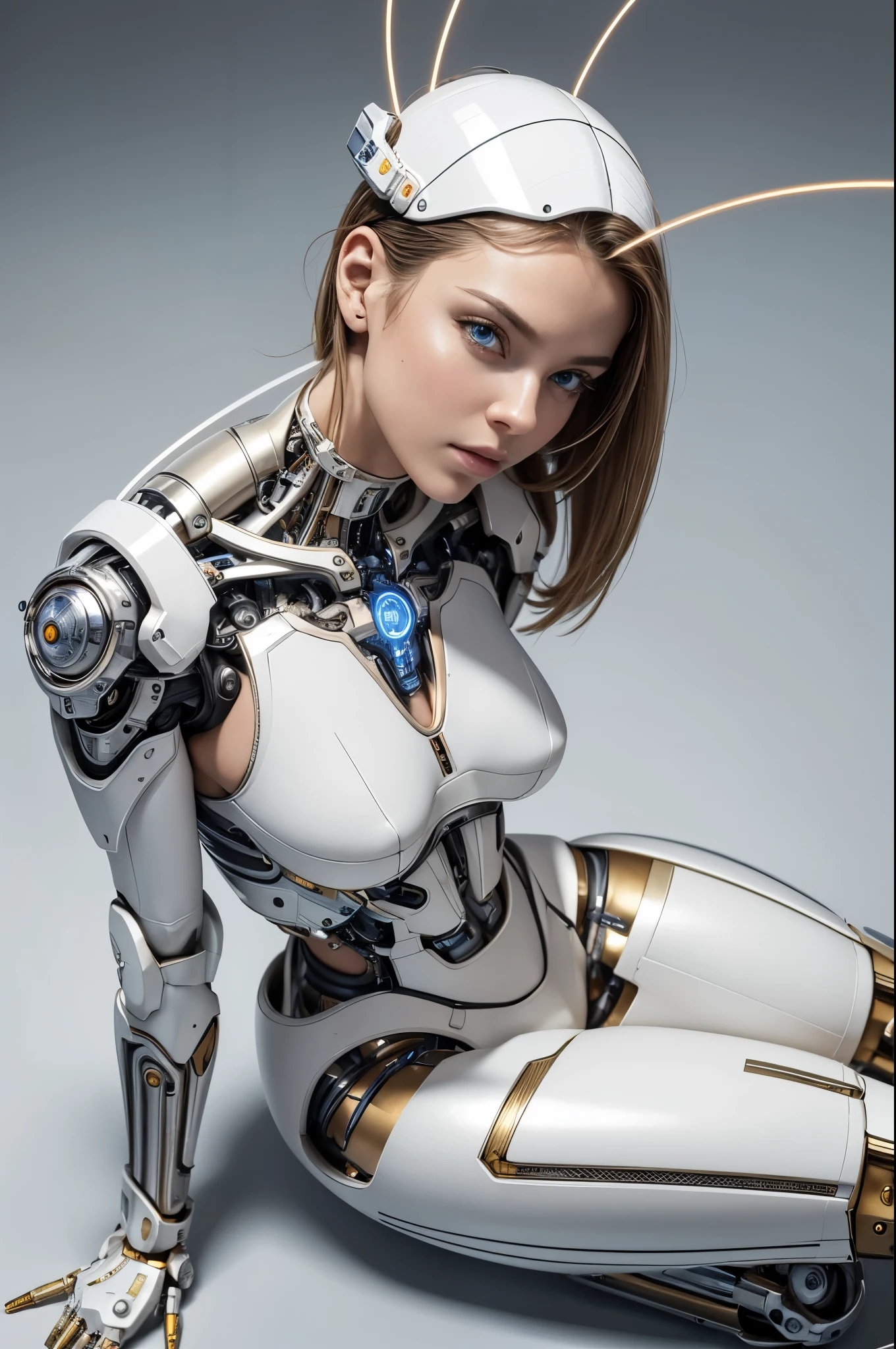 masterpiece, best quality, hyperrealistic, extremely detailed:1.5, a beautiful european woman, cyborg:1.6, simple white background, metallic bone exposed, mechanical arms, mechanical legs, sitting on the floor, from above:1.2, looking at viewer, microchip, metal, electric wires, cable, silicone