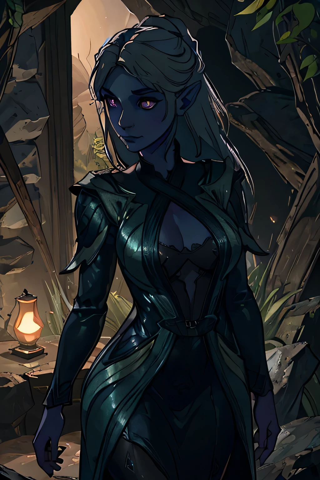 (best quality,4k,8k,highres,masterpiece:1.2),ultra-detailed,realistic,sexy drow with sensual smile,detailed eyes,full lips,shimmering skin,dark hair flowing in the wind,fantasy setting,enchanted forest,vibrant colors,soft lighting,exquisite jewelry,long flowing dress,mysterious atmosphere,lush greenery,ethereal beauty,noble and confident posture, hypnotic gaze,graceful and alluring,dreamlike ambiance,magical aura,smokey eye makeup,sharp and defined features,subtle and seductive expressions,dramatic contrast,chart the path between darkness and light,nighttime illumination,undulating shadows and highlights,dynamic and captivating presence,feminine and powerful,allure of darkness and mystery,distinguished and elegant presence,powerful and charismatic enchantress,entrancing and irresistible