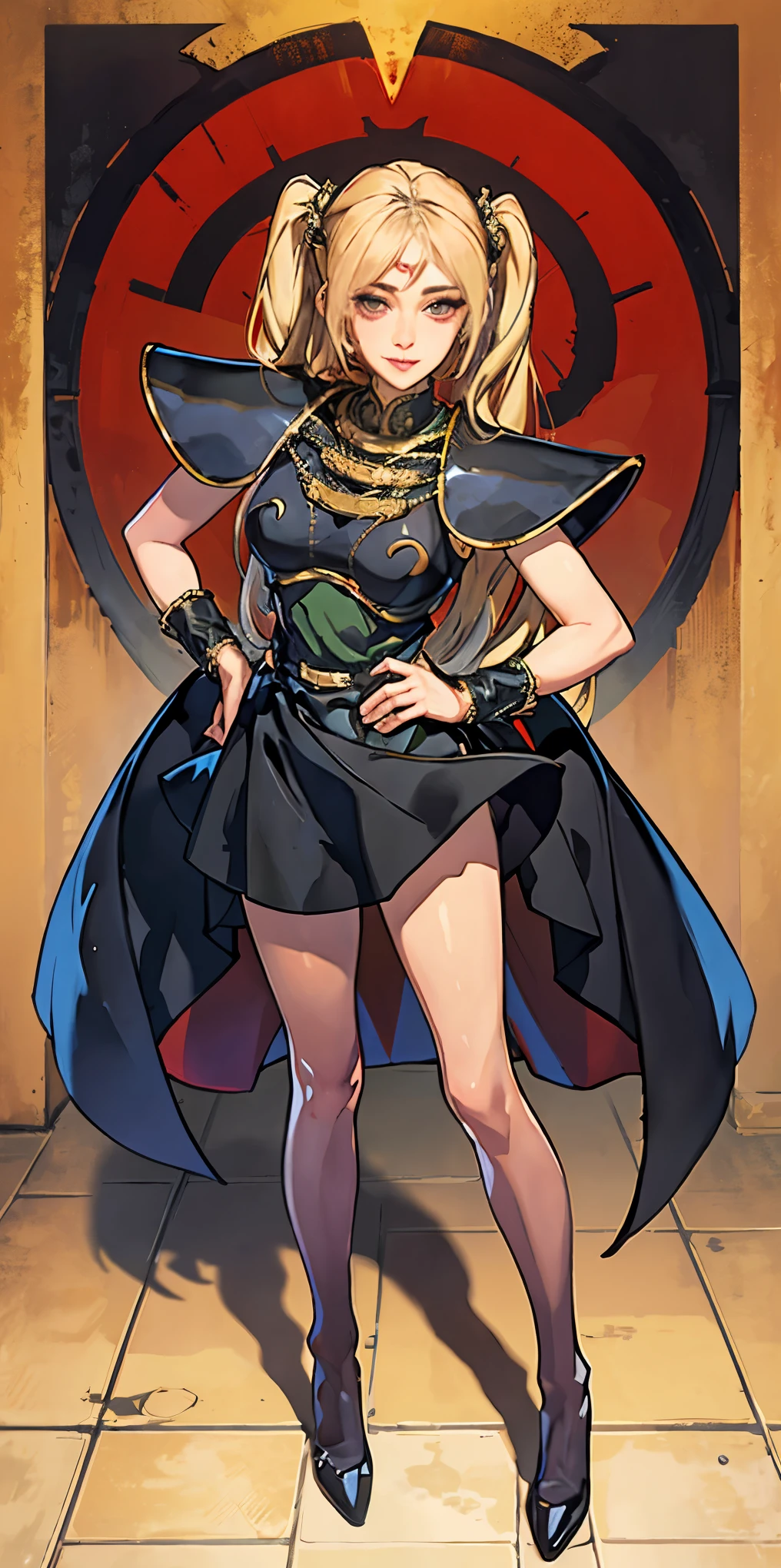 full body standing straight symmetrical, huge cowboy shot, solo 1MILF, lustful smirking smile face, looking at viewer, hands on hips, twintails, twin drills, dress, striped pantyhose, metal handcuffs on their hands with a black maetal slave collar around her neck, cowbell attached to the choker, sleeveless, black stockings, golden tiara
