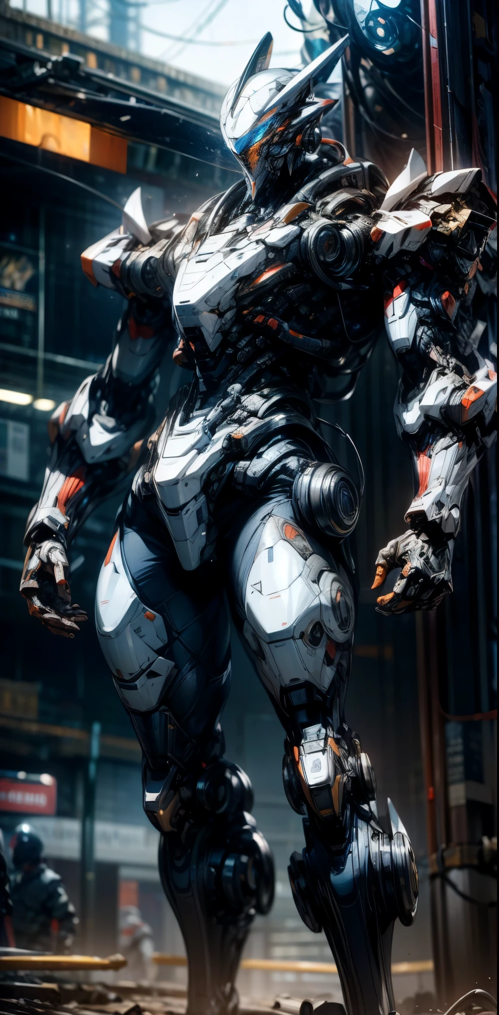 Dark_Fantasy,Cyberpunk,(chain saw,chain saw man,black:1.1),1man,Mechanical marvel,Robotic presence,Cybernetic guardian, wearing a worn-out mech suit, intricate, (steel metal [rusty]), elegant, clear focus, shot by greg rutkowski, soft lighting, vibrant colors, masterpiece, ((street)), cowboy shot, dynamic pose,
