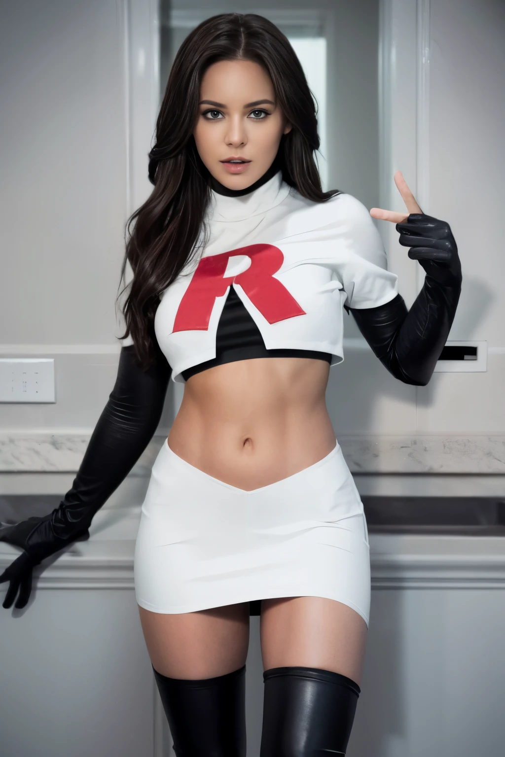 Brice, Actress, Real, team rocket,team rocket uniform,white skirt,crop top,black thigh-highs,black elbow gloves