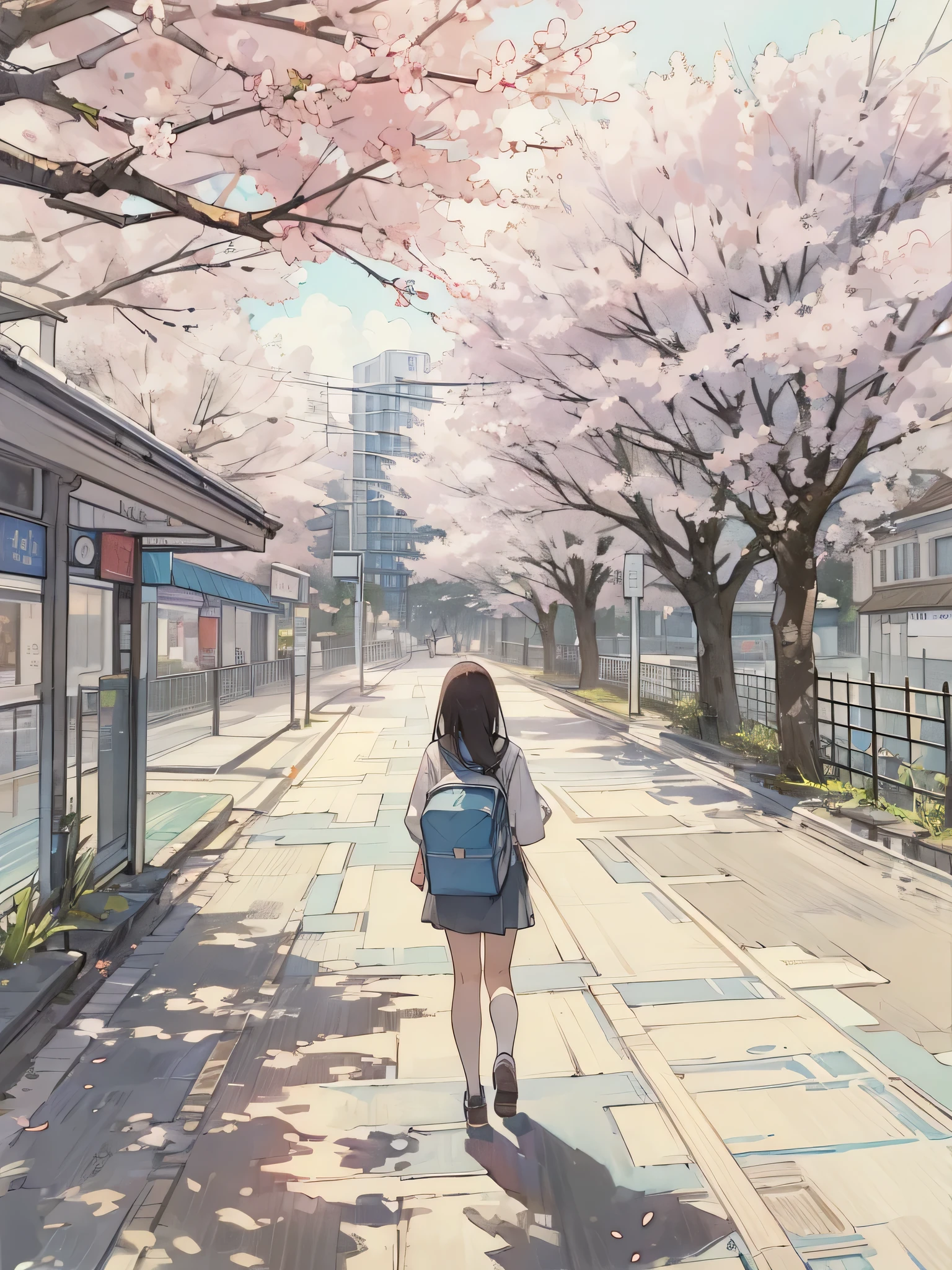 On the way to domestic campuses、exhibit、Scenes、Cherry tree、daytime、cloud、best quality,Sketch style,Back view of high school students