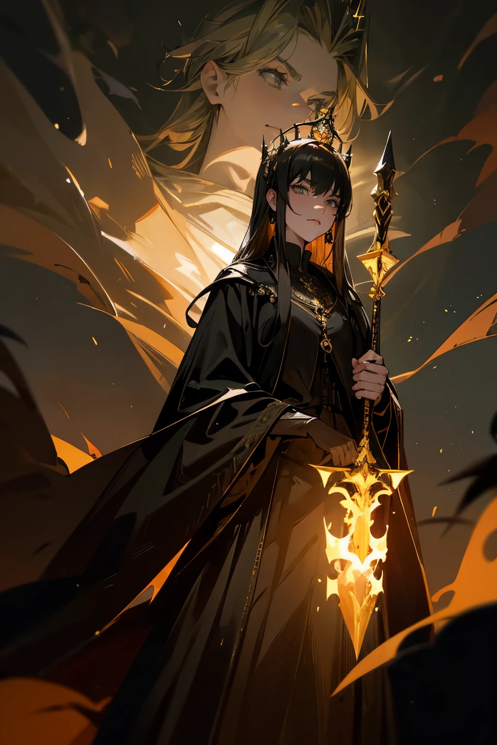 (best quality,ultra-detailed,realistic),oil painting,dark atmosphere,royal elegance,regal crown,dark gown,queen's scepter,ominous flames,shadows and highlights,imposing presence,glowing embers,haunting beauty,ethereal lighting,subtle gold accents,dramatic composition,rich textures,contrasting colors,enshrouded in mystery,fierce gaze,royal regalia,enchanted surroundings,dark majestic aura,majestic posture.