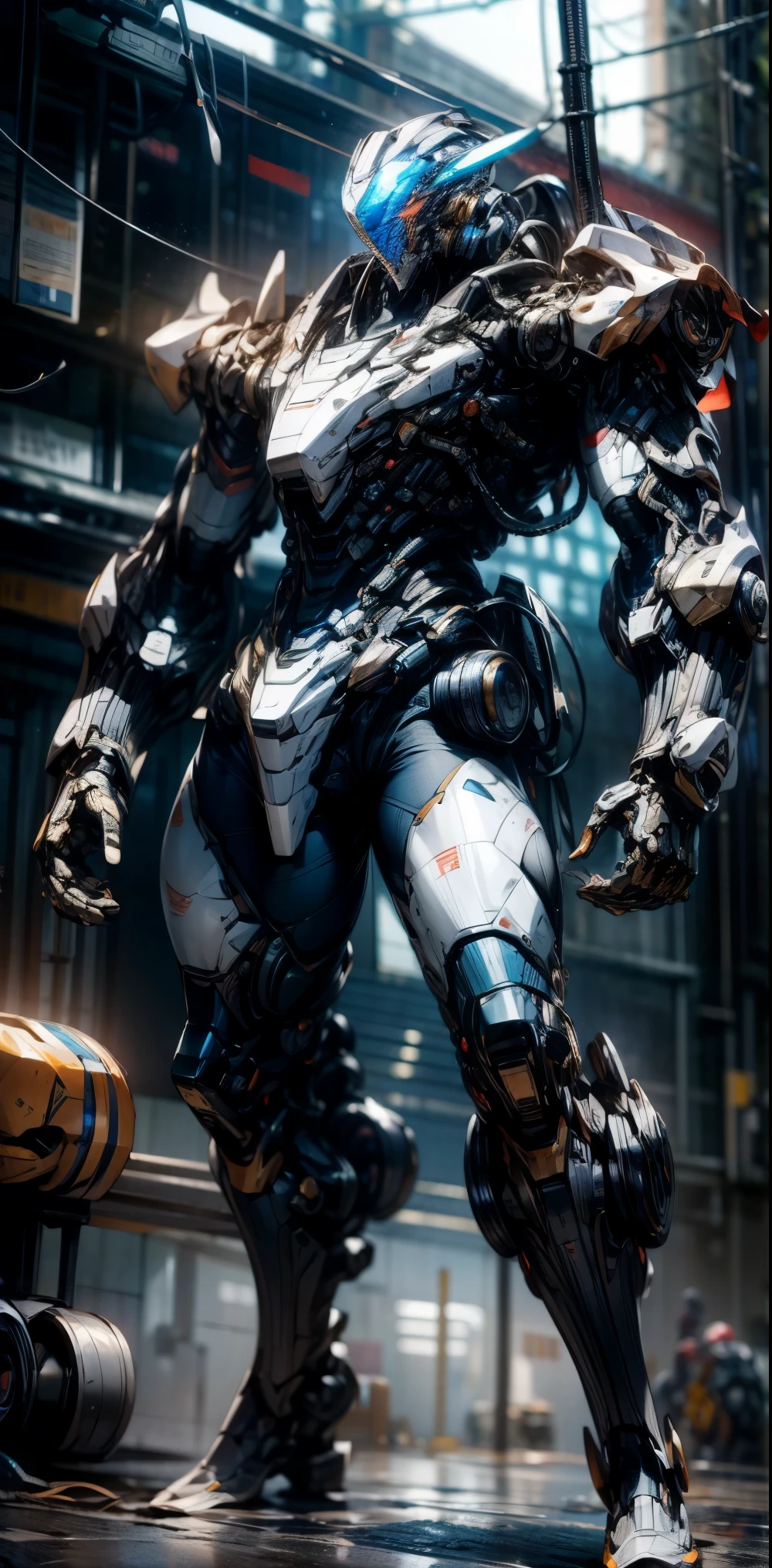 Dark_Fantasy,Cyberpunk,(chain saw,chain saw man,black:1.1),1man,Mechanical marvel,Robotic presence,Cybernetic guardian, wearing a worn-out mech suit, intricate, (steel metal [rusty]), elegant, clear focus, shot by greg rutkowski, soft lighting, vibrant colors, masterpiece, ((street)), cowboy shot, dynamic pose,