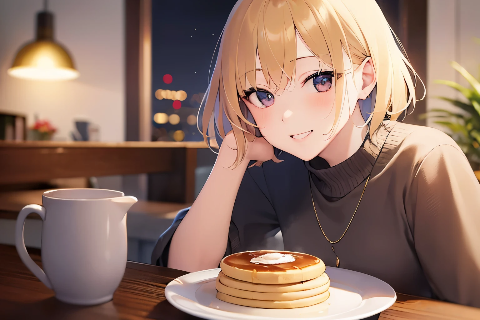 (night:1.5), high quality、masterpiece、Realistic, real person, RAW photo, photorealistic, portrait photography, shiny skin, japanese idol、shiny hair、hair over eyes, (A 15-year-old woman with blonde bangs) and (bob cut) and (yelow eyes), wearing a black sweatshirt、smile, The background is the living room、illumination、sitting at the dining table、hotcakes on a plate