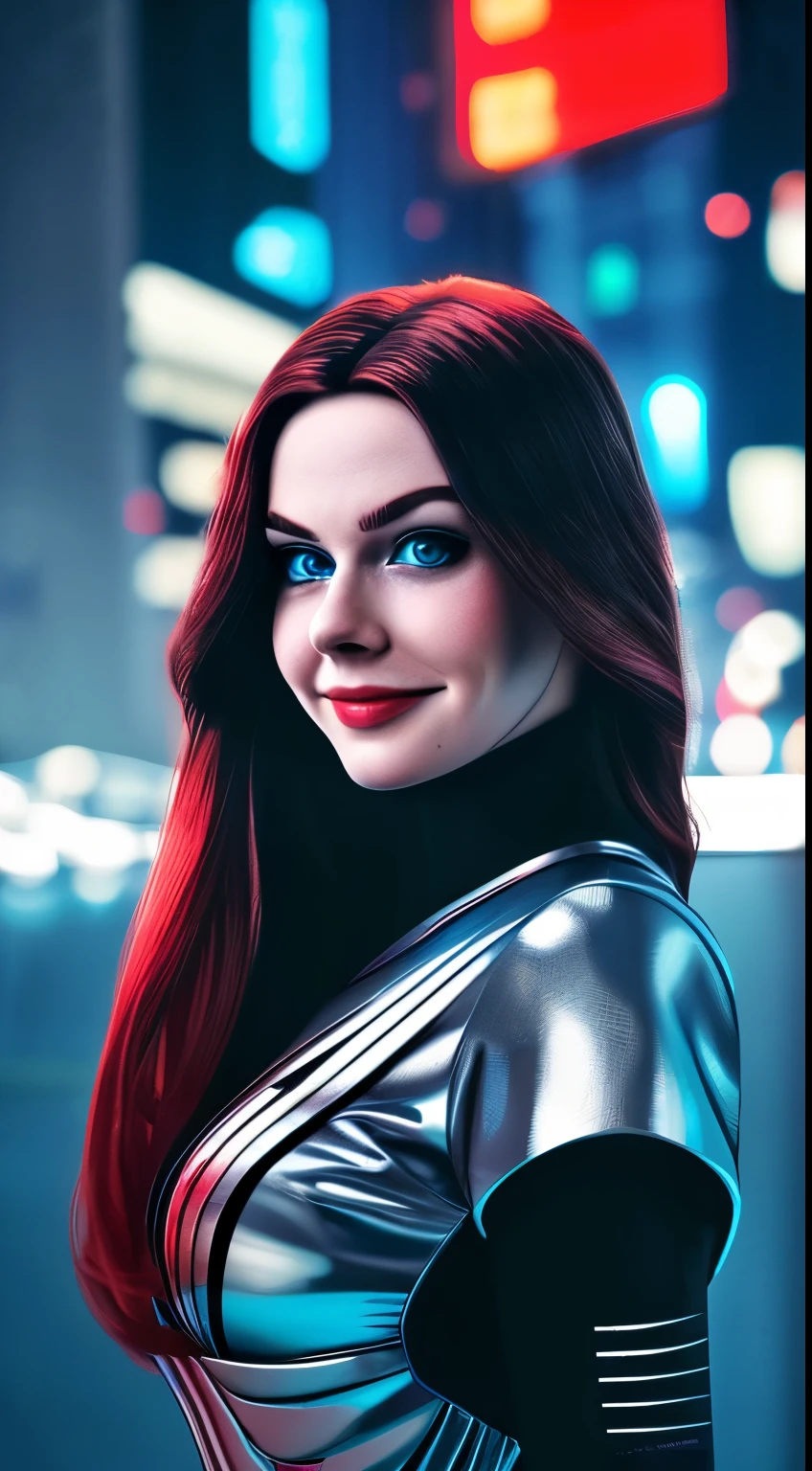 masterpiece , a girl , red very long hair , blue eyes ,  gradient , perfect figure , ( techwear:1.2) , cyberpunk , future , moderne , in cyberpunk city, lite smile , detailed face ,, , (8k,  best quality 1.2),  ultra-detailed, 8k uhd,, soft lighting, high quality, film grain,   beautiful lighting,, (cinematic:1.4) ,perfect body , best illumination, best shadow,  sharpness, contrast,
