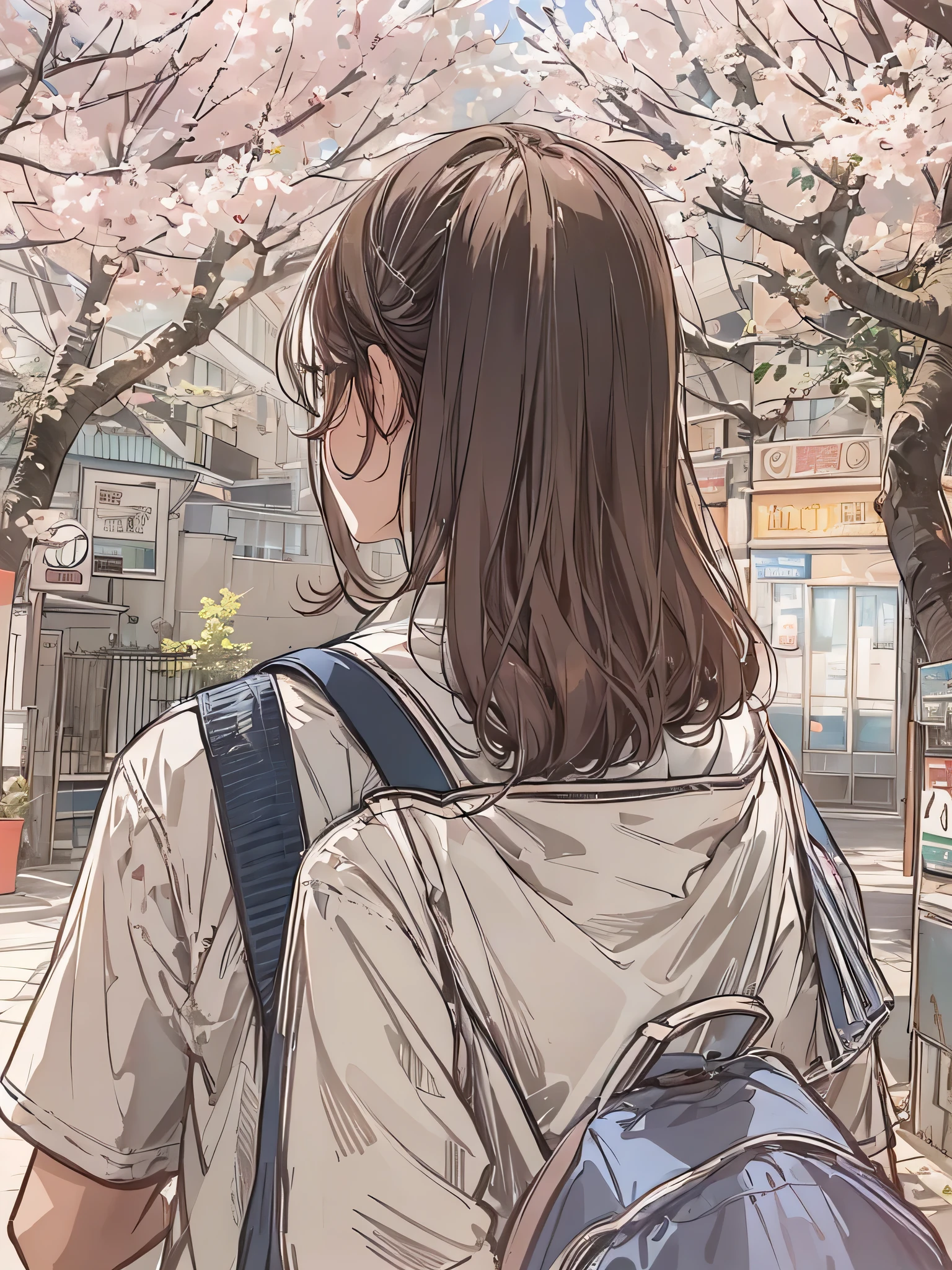 On the way to domestic campuses、exhibit、Scenes、Cherry tree、daytime、cloud、best quality,Sketch style,Back view of high school students