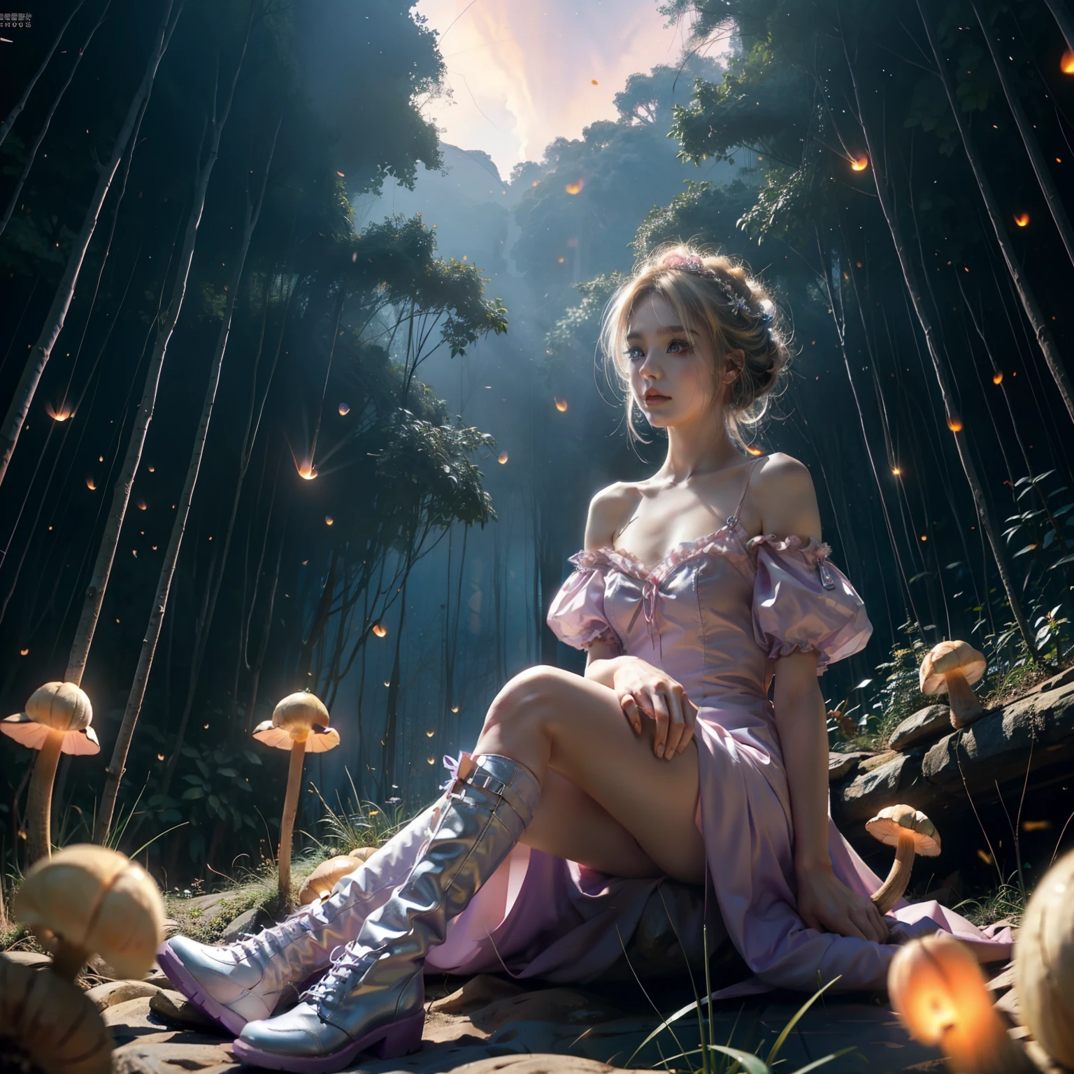 Light blonde anime girl,light blue purple eyes,Wearing a pink off-shoulder dress with puffy sleeves and knee-high white boots,Sitting in the woods,Next to orange mushrooms,surrounded by fireflies,Sitting under the stars