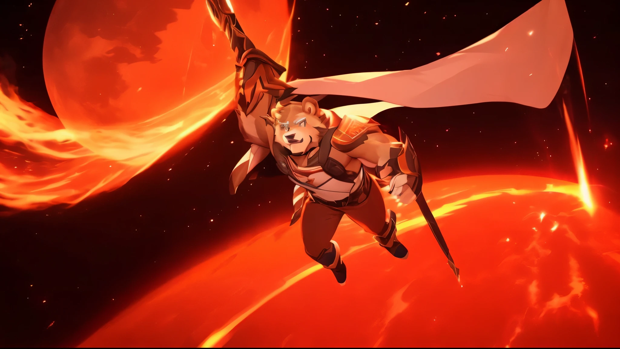 jinpei flying through the air with a white cape scarf, 2 big red moon, unreal engine render saint seiya, david bowie in super smash bros, promo art, jett from valorant, sojourn from overwatch, travis touchdown, solar flare unreal engine, zoltan, joseph joestar, elon musk in attack on titan, in an arena in dune 2021, furry, furry bear, green fur, super hero, scifi, 