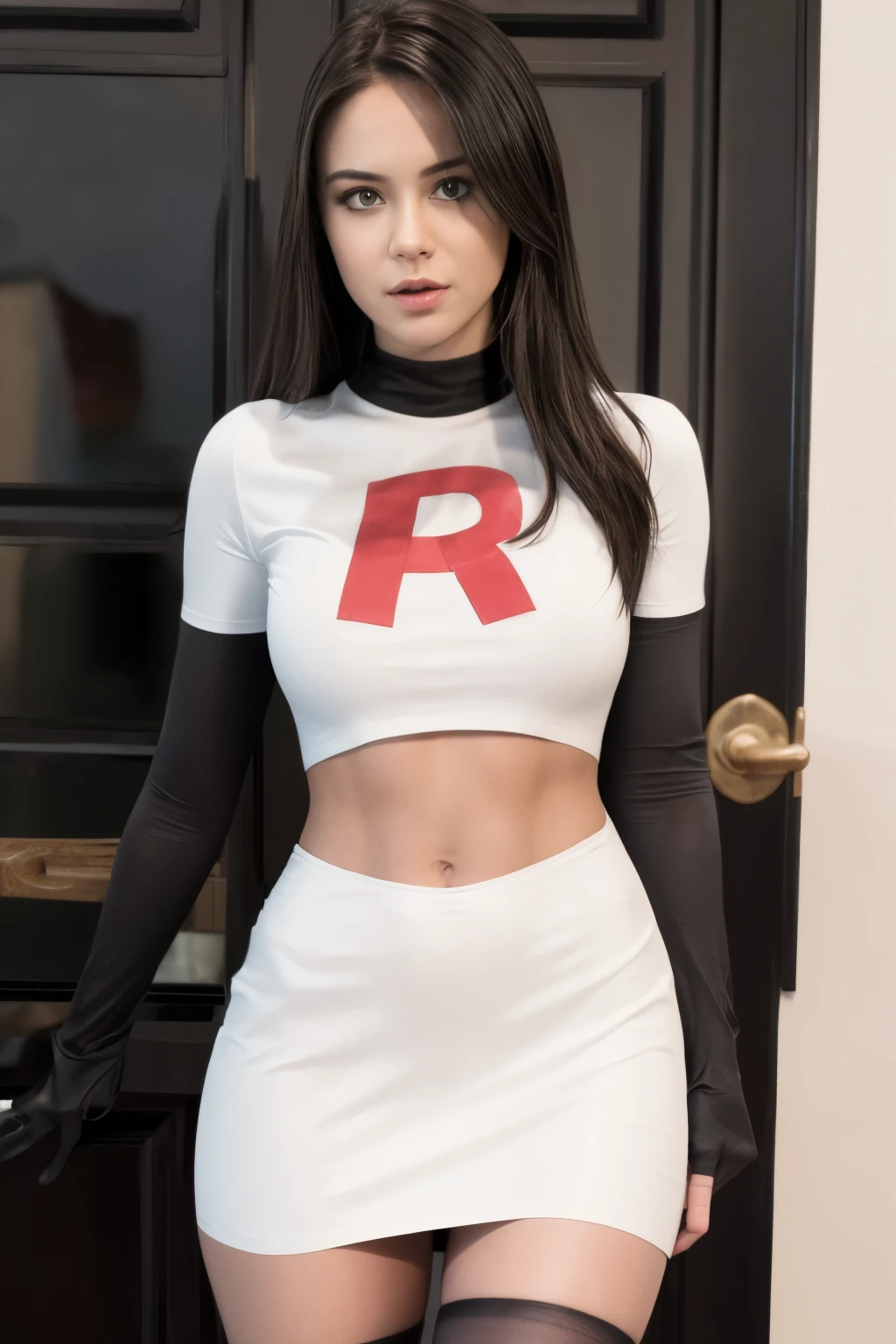 Brice, Actress, Real, team rocket,team rocket uniform,white skirt,crop top,black thigh-highs,black elbow gloves