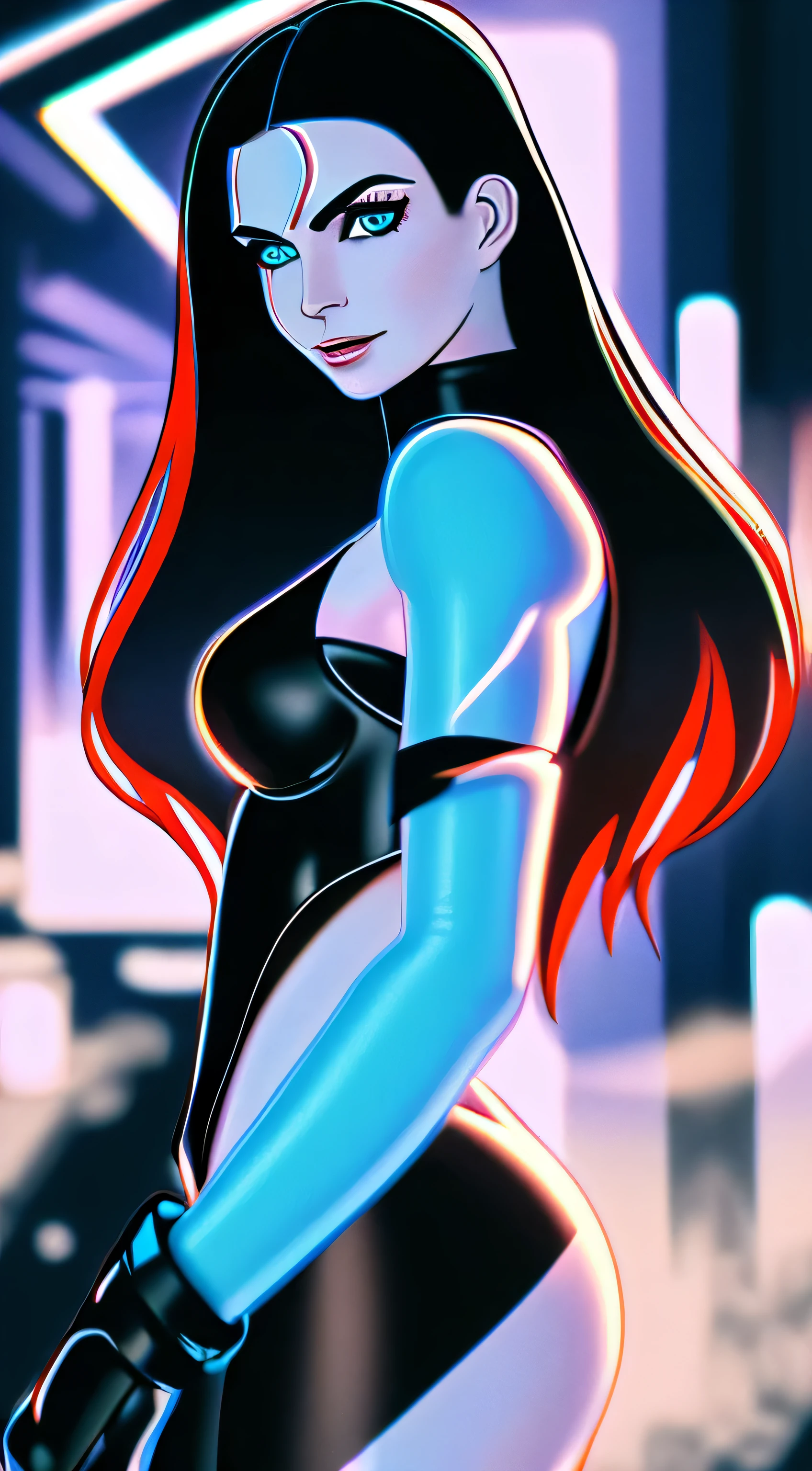 masterpiece , a girl , red very long hair , blue eyes ,  gradient , perfect figure , ( techwear:1.2) , cyberpunk , future , moderne , in cyberpunk city, lite smile , detailed face ,, , (8k,  best quality 1.2),  ultra-detailed, 8k uhd,, soft lighting, high quality, film grain,   beautiful lighting,, (cinematic:1.4) ,perfect body , best illumination, best shadow,  sharpness, contrast,