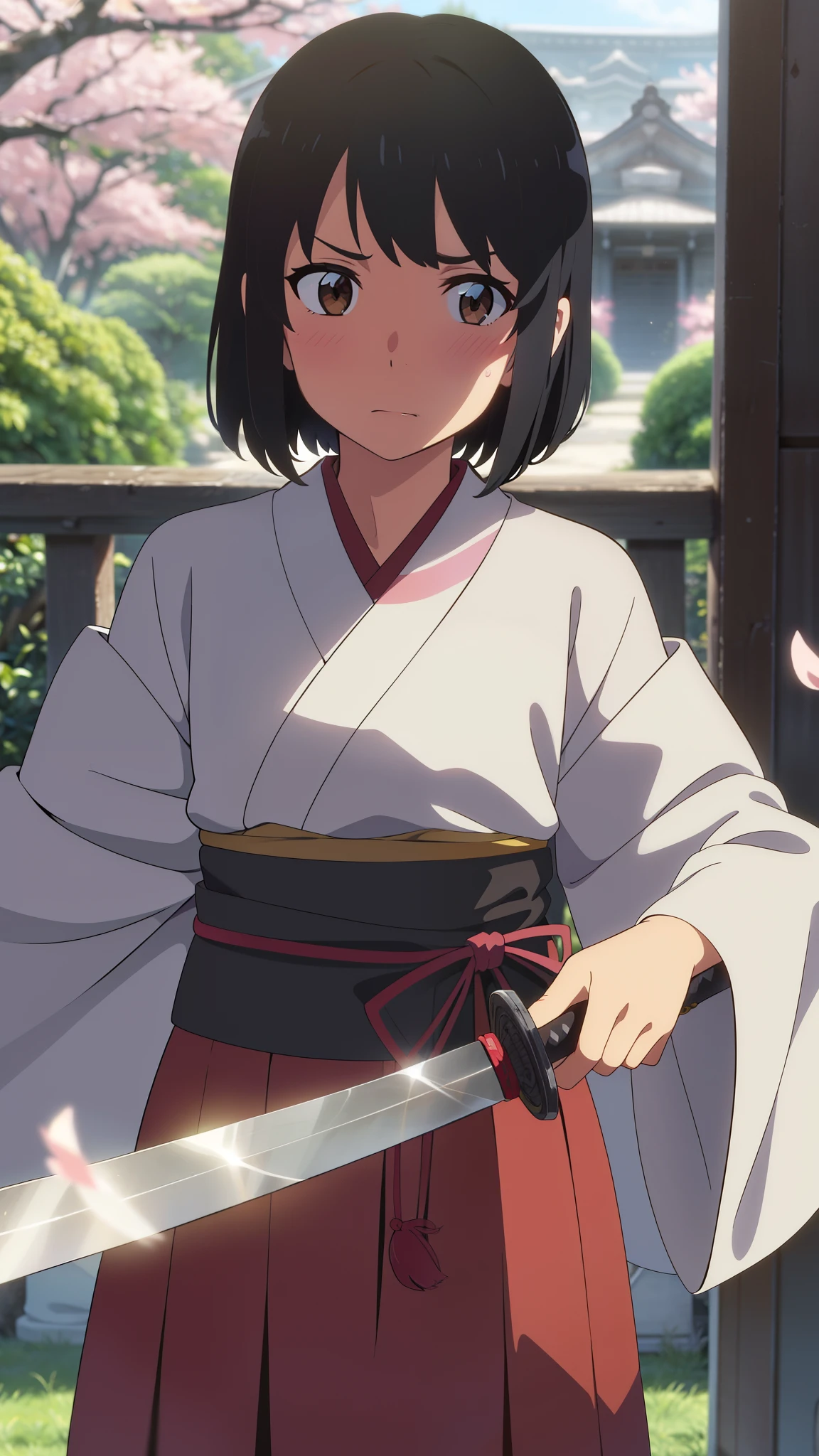 shinkai makoto, kimi no na wa., 1girl, bangs, black hair, blush, brown eyes, shiny skin, cute, shrines, shrine maiden clothes, Off-the-shoulder, looking at the viewer, short hair, solo, Fighting Stance, Despair Face, {The perfect sword, samurais, Straight Katana, Holding a straight sword, Straight knife}, perfect hands, perfect fingers, nightcity, Cherry blossoms are dancing