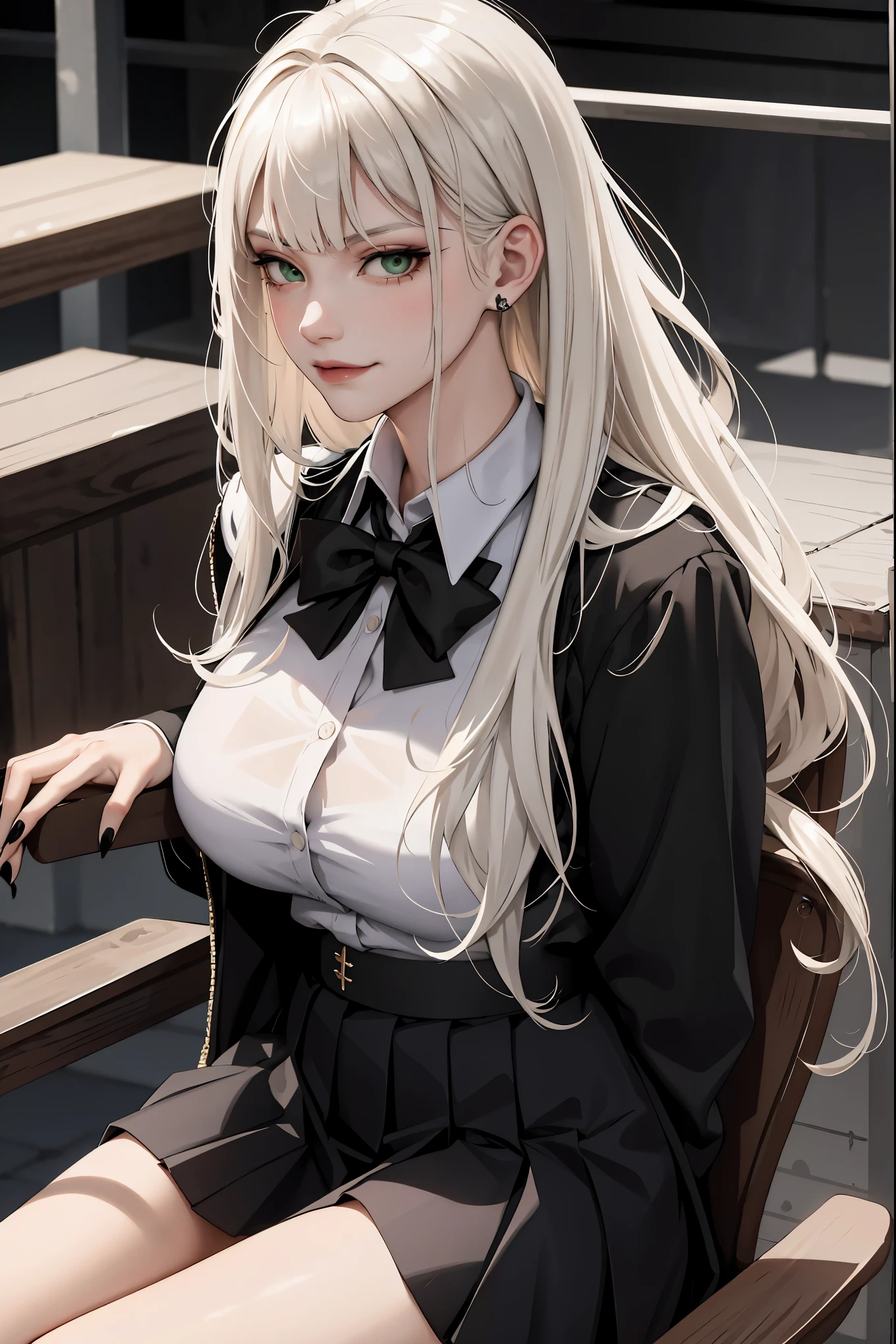 (masterpiece:1.2, best quality), (real picture, intricate details), 1lady, solo, upper body, sitting down, showing legs, casual, school setting, long hair, goth makeup, natural fabrics, close-up face, smirk, smirking, school, long light platinum blonde hair, bangs, hair bangs, bangs between eyes, green eyes, big breasts, big tits, big butt, skirt, school uniform, school shirt, school skirt, school proper uniform, goth girl, teen, teen girl, goth teen girl school uniform, heavy goth makeup, goth makeup, goth looks, black nails, smirking, teen, 15 years old, teen goth girl