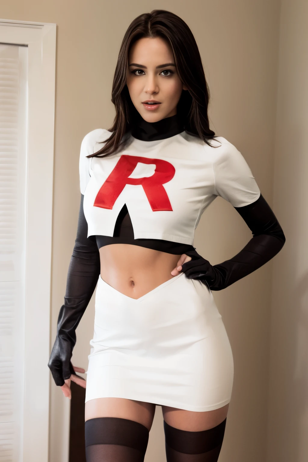 Brice, Actress, Real, team rocket,team rocket uniform,white skirt,crop top,black thigh-highs,black elbow gloves