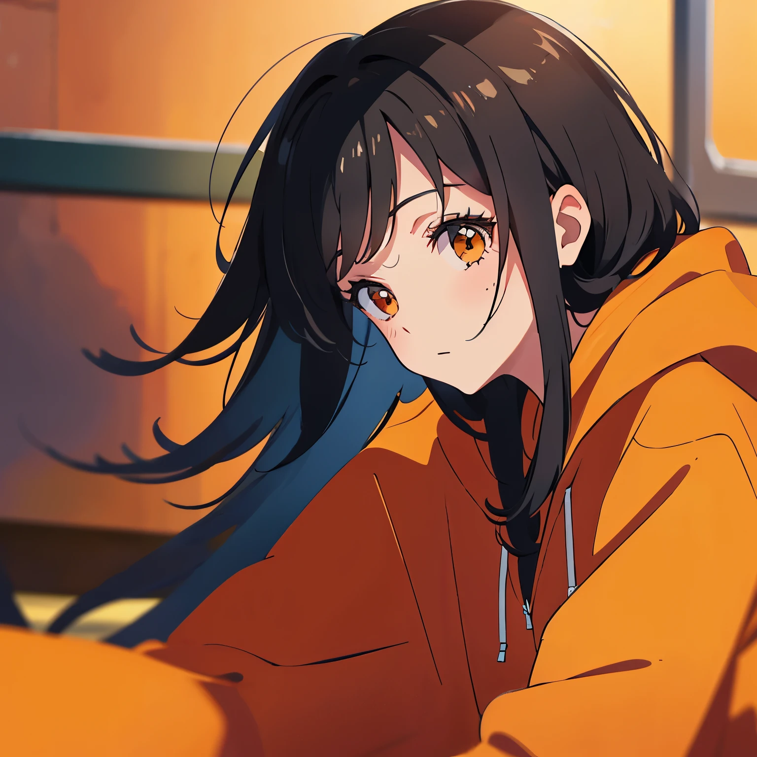 Close up of a young girl in a side view, with Black hair and and brown eyes, wearing a orange hoodie, view from the top