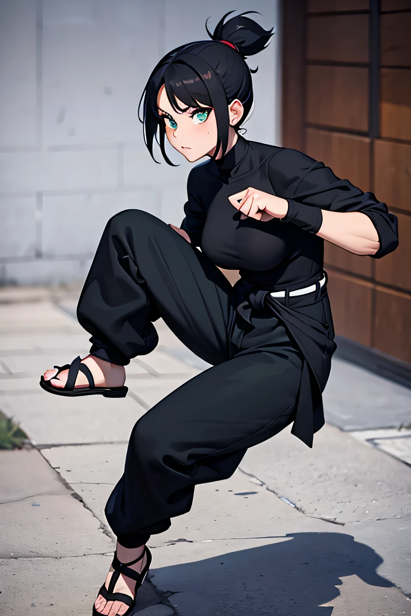 woman wearing a tight fitting black shirt, black baggy ninja pants, ninja flip flops, and a white rope at the waist. she has black hair and dark green eyes.