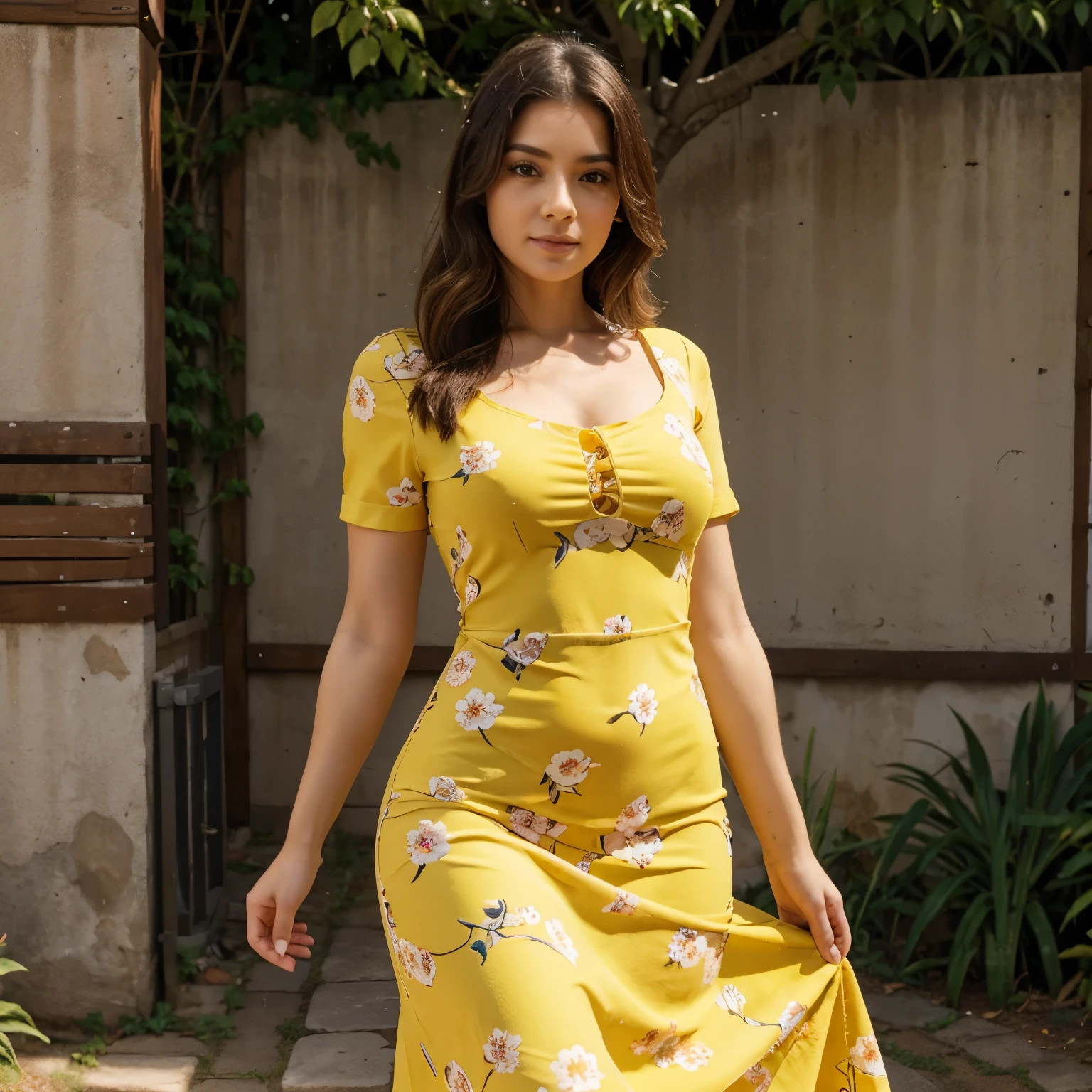 Lida, corpo(sexy), fundo(cheio de flores), roupa com vestido(amarelo)