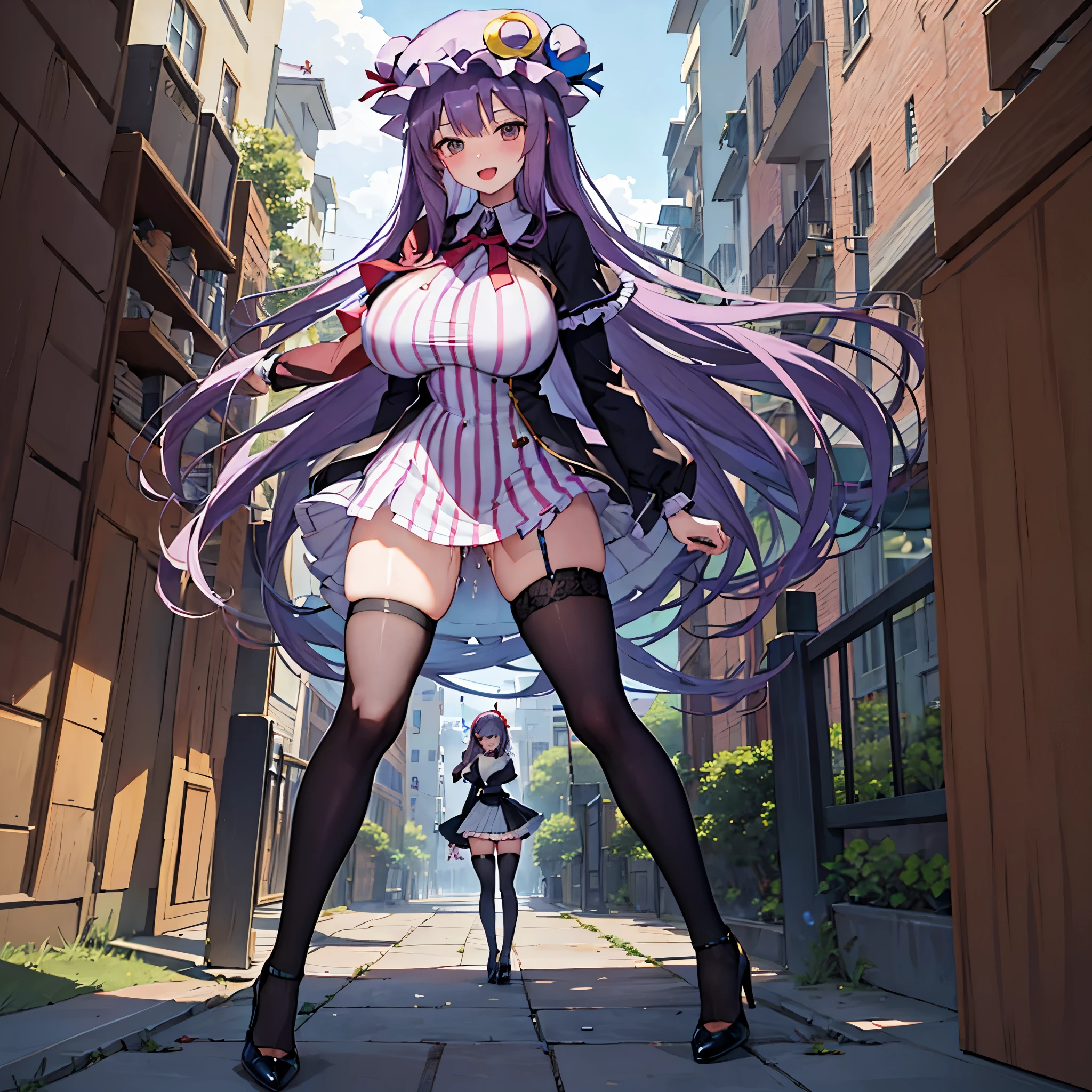 (Patchouli toho character), (standing at lakeside forest), outside, (standing with open legs wide:1.6), (arms behind back), (bending back), tiptoe, pigeon toed, BREAK, (disproportionately gigantic huge breasts:1.2), inconceivably thin waist, very short torso, (thin long legs apart:1.23, BREAK, very short miniskirt, thigh gap, (black thighhighs:1.2), highheels, BREAK, smile for viewer, open mouth, nose blush, full body, (pussy juice)